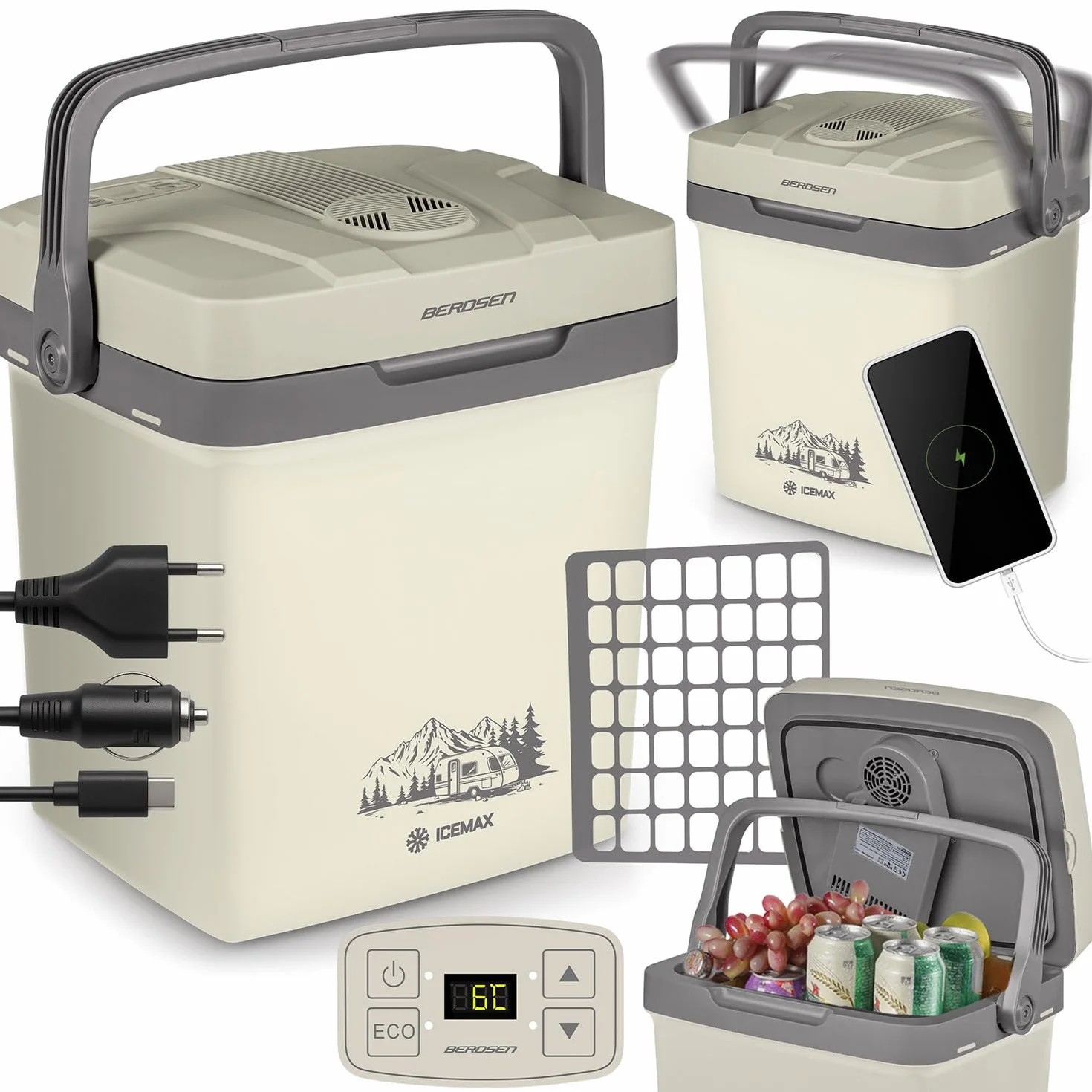 Berdsen Lodówka Turystyczna Do Samochodu i Gniazdka 12V/230V Z Funkcją Grzania USB 32 x 25 x 43 cm 26 l Niebieska