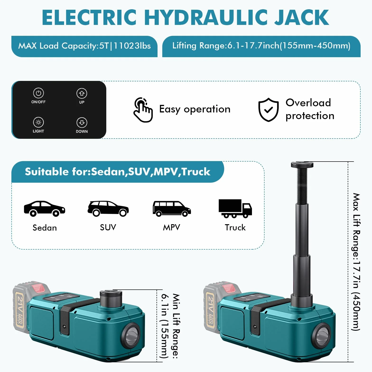 Makita Podnośnik hydrauliczny 5T 18V elektryczny podnośnik samochodowy z pompą i światłem LED 15,5-45 cm