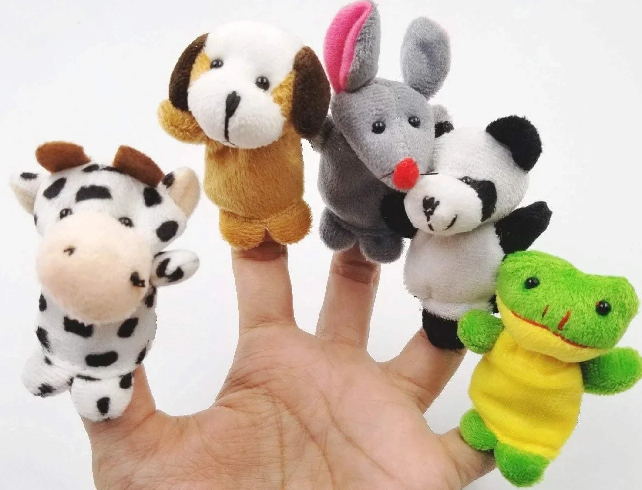 JZK 11 zwierząt palec marionetka zestaw mała pluszowa zabawka zwierzę ręka marionetka dla dzieci dzieci upominki na przyjęcie urodzinowe torby wypełniacze