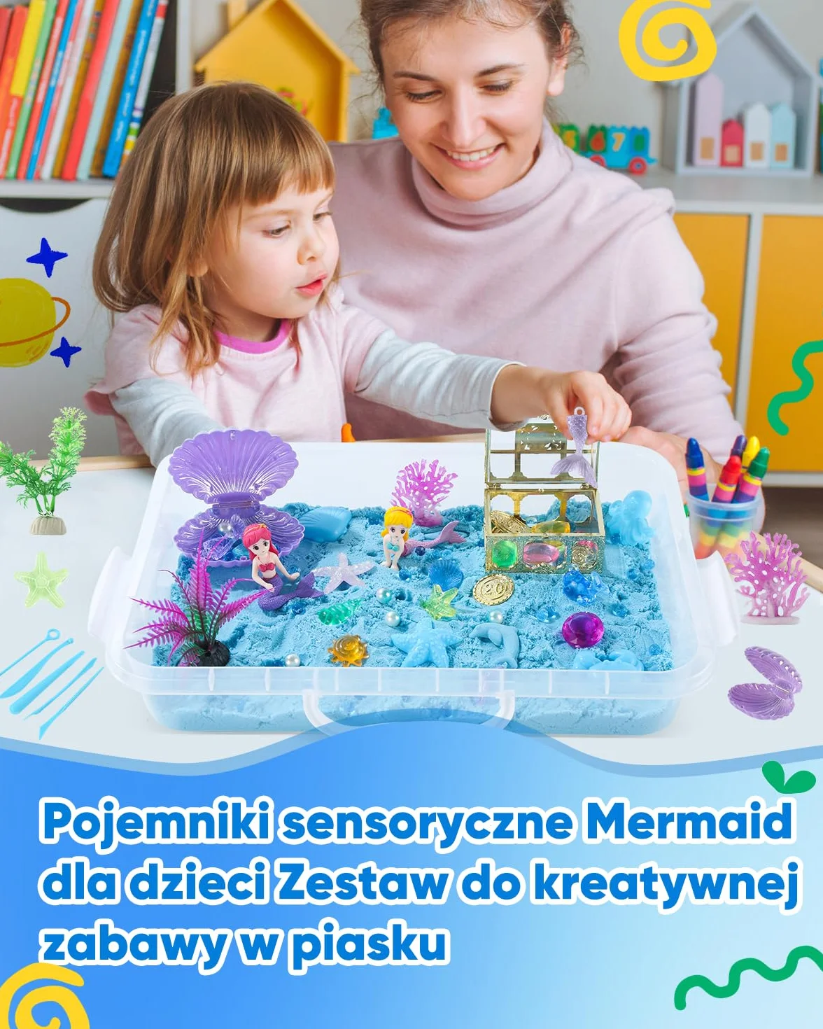 sikmcle Ocean Sensorik Box zestaw do piasku sensorycznego dla dzieci, pojemnik na piasek z pokrywką i akcesoriami z tworzywa sztucznego (muszle, ślimaki, rozgwiazdy)