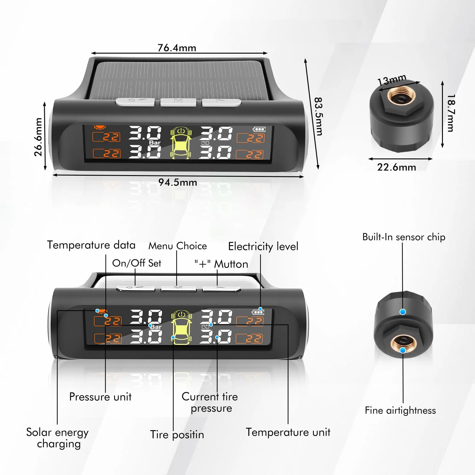 TPMS System monitorowania ciśnienia w oponach, ładowanie słoneczne USB, alerty temperatury, automatyczne włączanie wyłączanie
