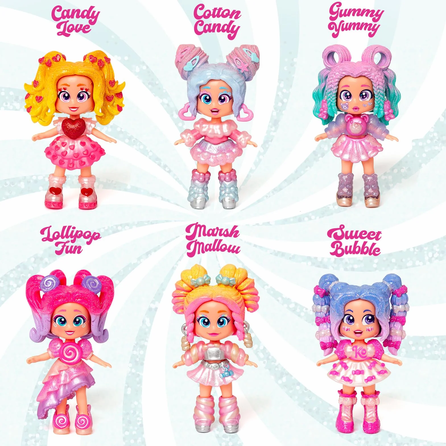 KOOKYLOOS Candy Land Series GUMMY YUMMY – laleczka do kolekcjonowania z serii Candy Land, zawartość: 1 lalka, zestaw ubrań i butów,akcesorium oraz zwierzątko,1 lalka ma 3 różne buzie!