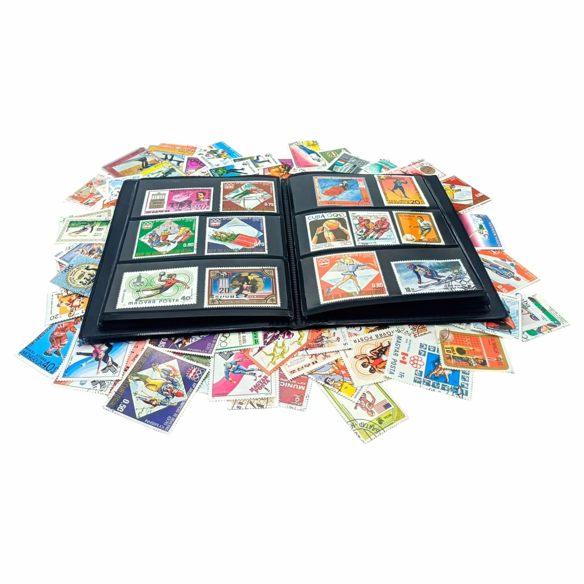 IMPACTO COLECCIONABLES Kolekcja 100 znaczków o tematyce igrzysk olimpijskich z albumami (14 x 18 x 1 cm) | Podnieś swoją kolekcję filatelistyczną autentycznymi znaczkami w kompaktowym i eleganckim