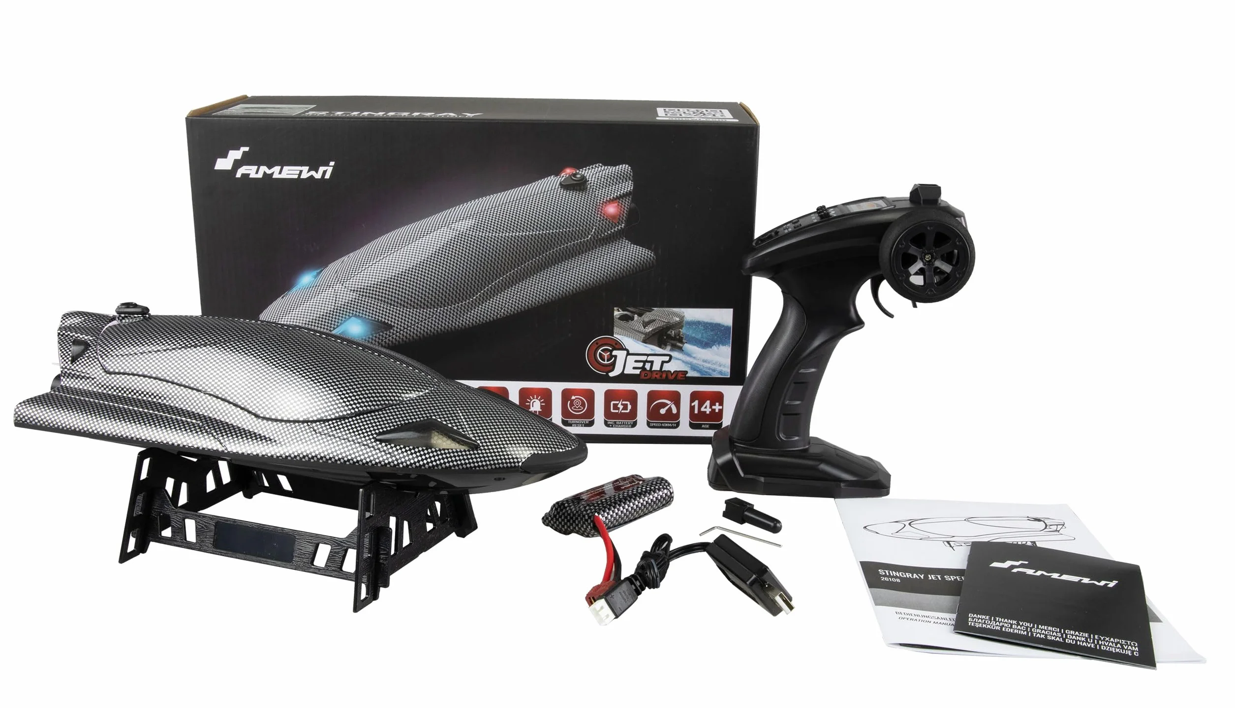 Amewi Stingray Speedboat z napędem odrzutowym 40 km/h 335 mm RTR Carbon Look