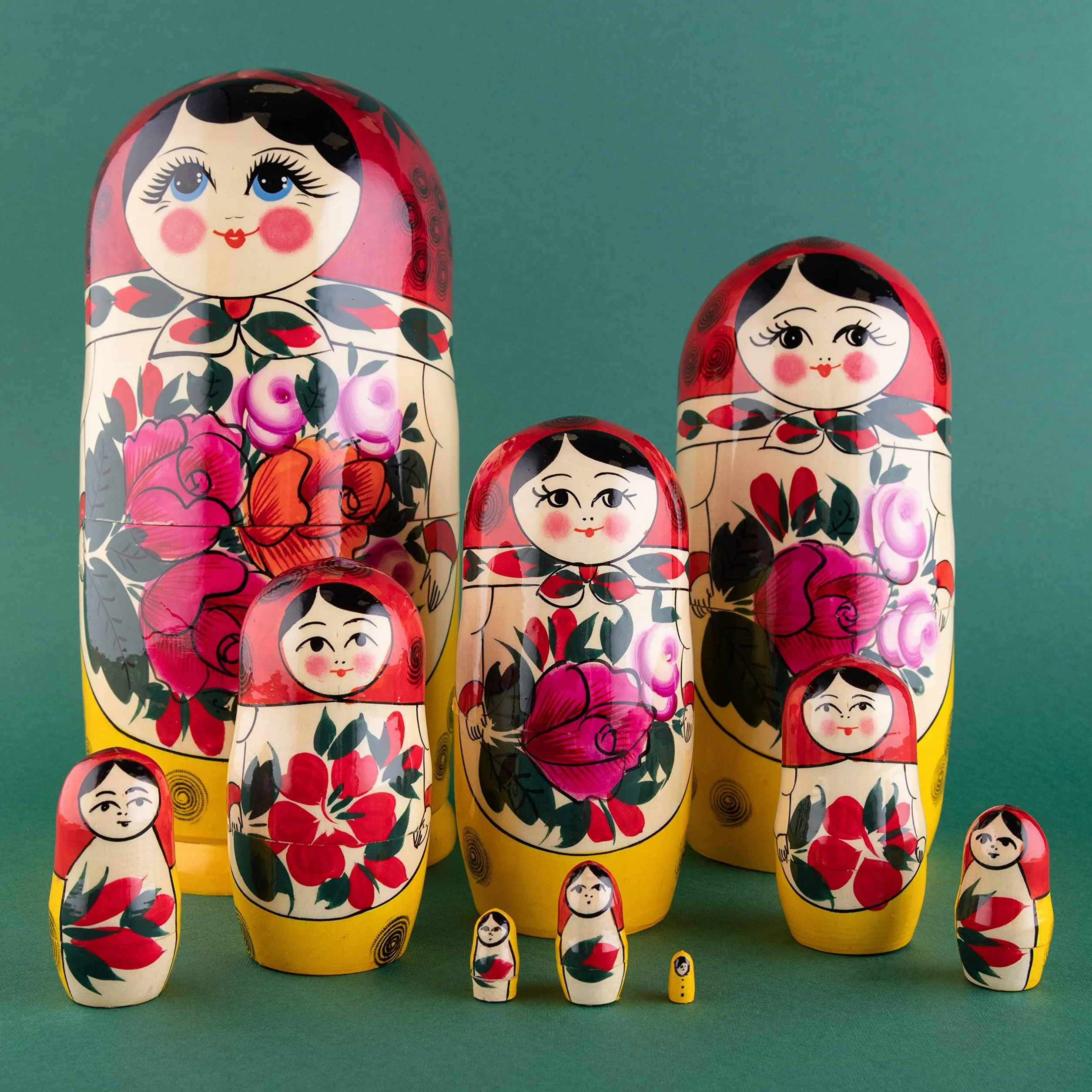 Heka Naturals Sieminow Lalki Gniazdujące | Zestaw Lalek Matryoshka w Całości z Naturalnego Drewna 10 (25 cm) - Tradycyjne Dekoracje do Domu Babushka, Drewniane Zabawki do Układania w Stosy