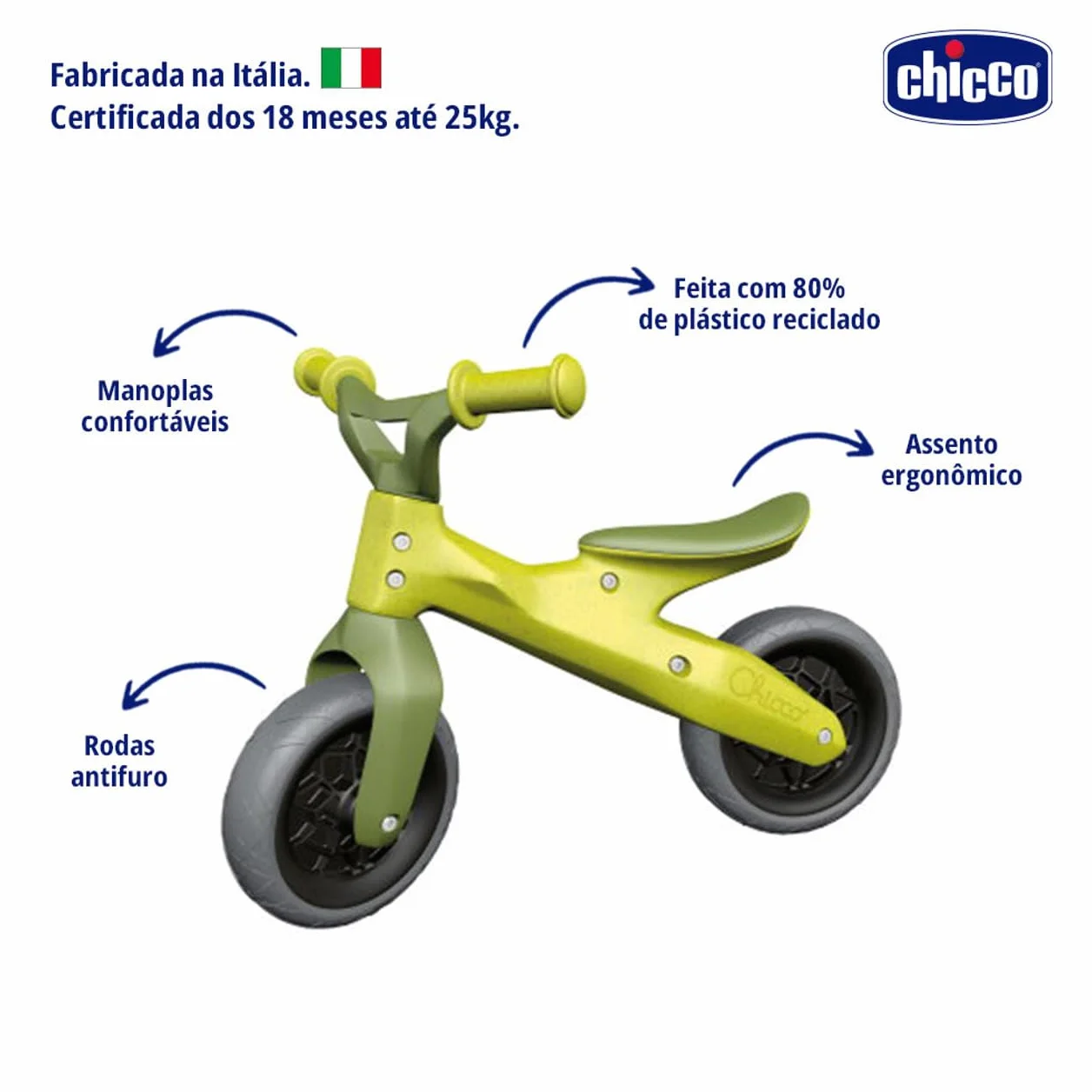 Chicco Balance Bike Eco+, rower dla dzieci od 18 miesięcy do 3 lat, do 25 kg, rower bez pedałów do równowagi, ergonomicznej kierownicy i siodełka, koła przeciw przebiciu, 80% z tworzywa sztucznego z