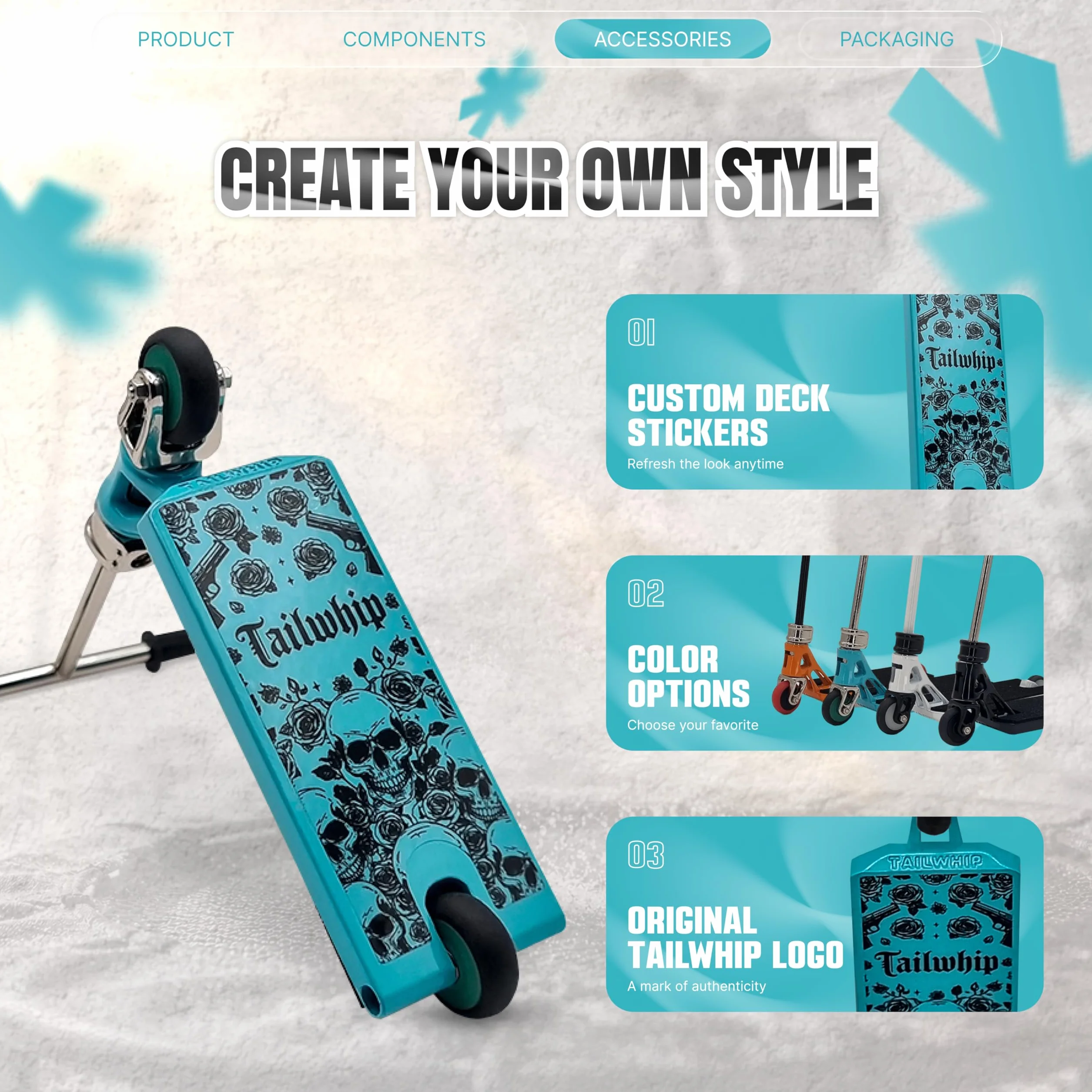 TAILWHIP Pro Finger Scooter z łożyskami kulkowymi – bez zabawy, cicha praca, naklejka na pokład do indywidualizacji, wytrzymała metalowa hulajnoga trick Scooter dla dzieci i dorosłych