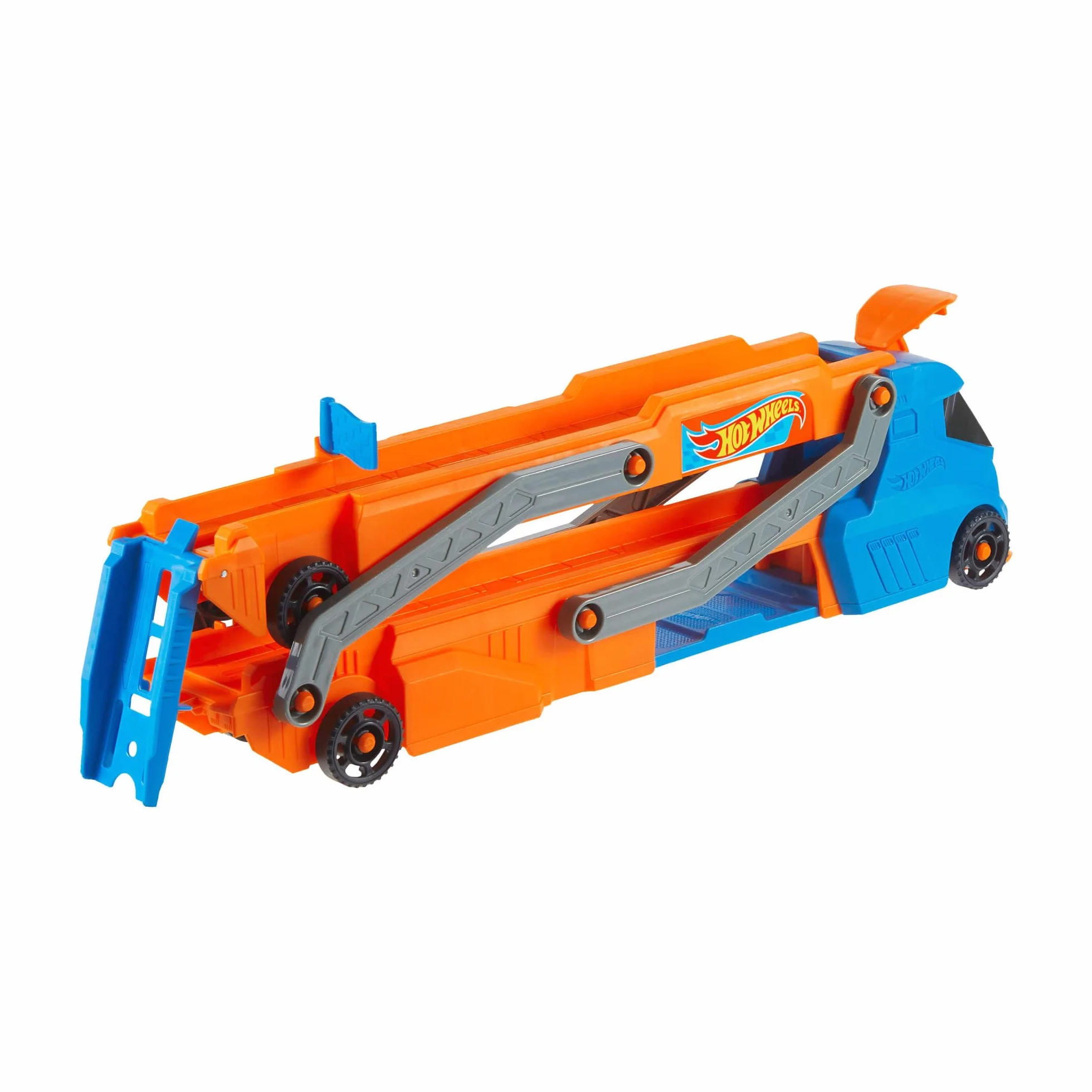 Hot Wheels Miejski transporter Duży pojazd ciężarówka z transformacją w tor wyścigowy (ponad 76 cm) z wyrzutnią, miejsce na 9 aut i 1 samochodzik w skali 1:64, łączy się z innymi zestawami, HYT83