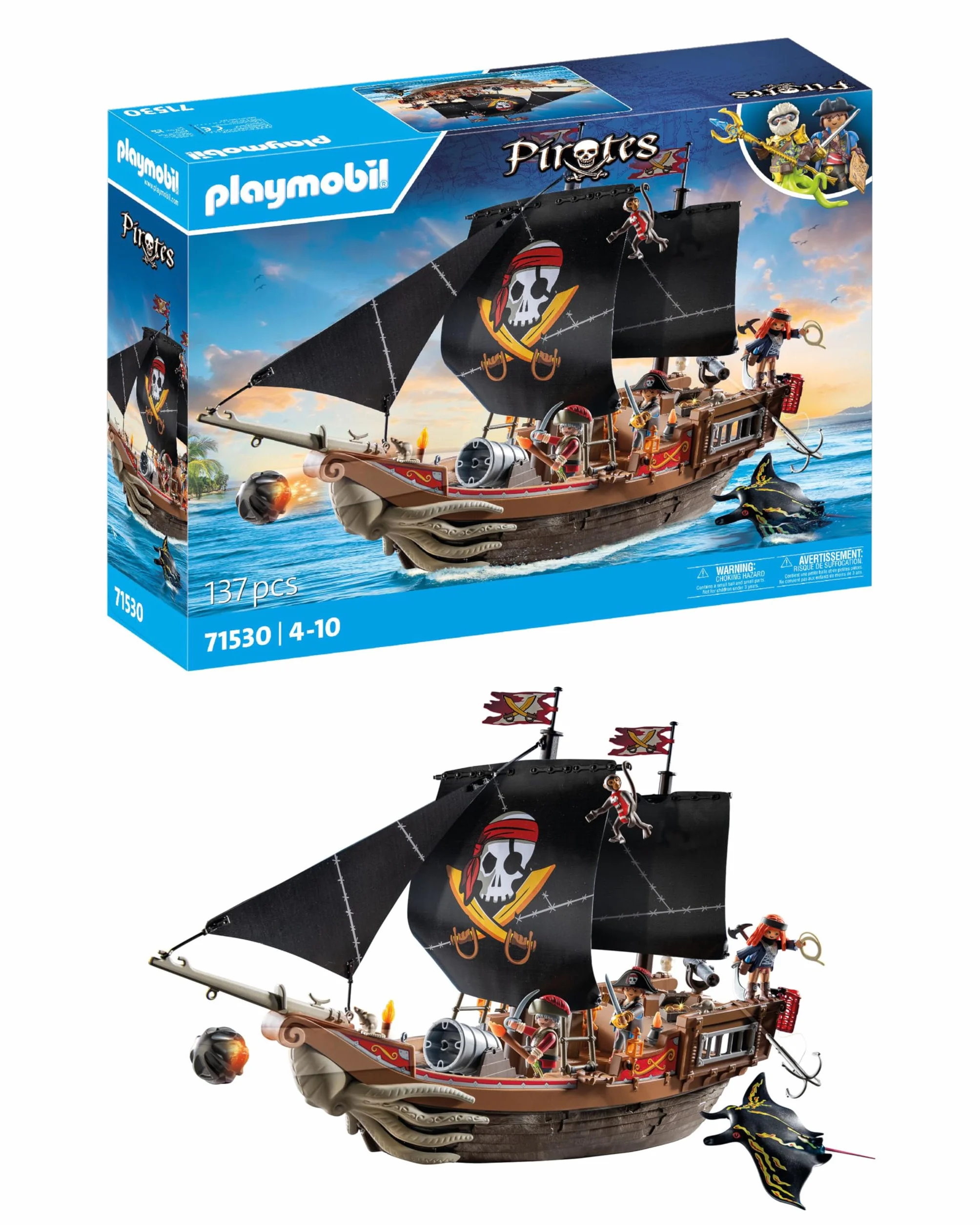 PLAYMOBIL Pirates 71530 Duży statek piracki, bitwa morska i tajne poszukiwanie skarbów w głębinach morzach, w zestawie armaty, pociski i kotwica, odpowiednie dla dzieci od 4 roku życia