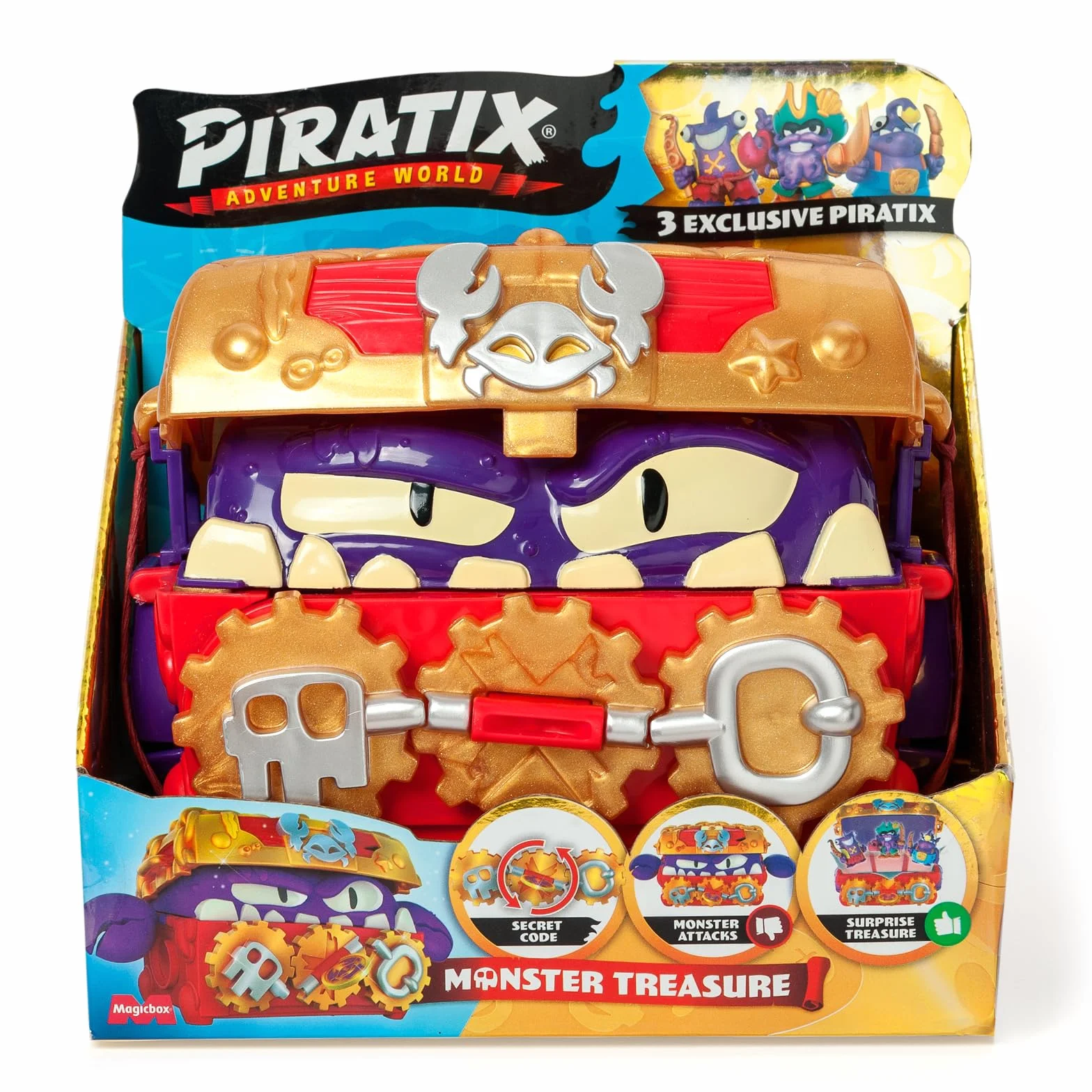 PIRATIX ADVENTURE WORLD Monster Treasure - skrzynia skarbów z ukrytym potworem w środku, w zestawie 1 skrzynia, 3 ekskluzywne piratix, 1 ekskluzywne skarby i 3 akcesoria