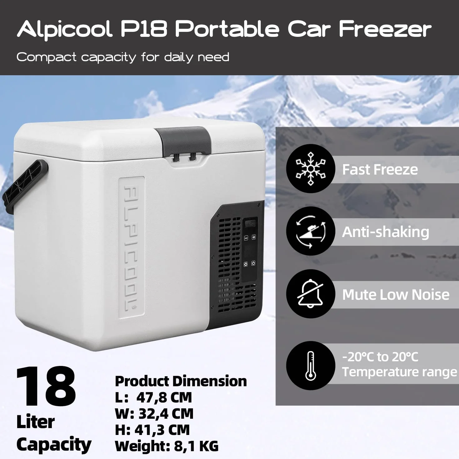Alpicool P18 Lodówko-zamrażarka turystyczna 18 l, 12/24 V, przenośna lodówka -20 do 20℃