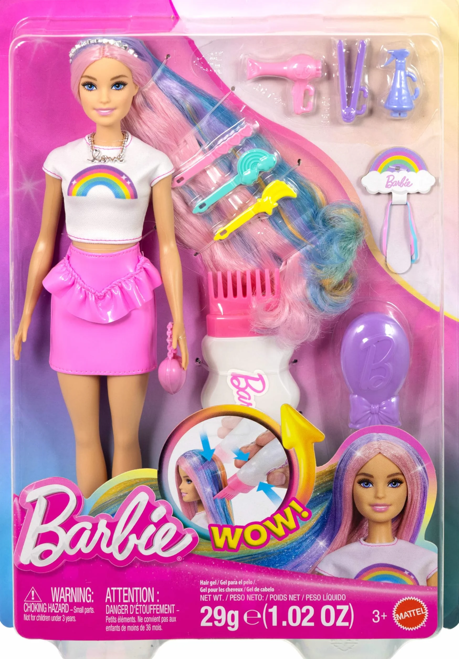 Barbie Lalka Tęczowe brokatowe włosy Zestaw, bardzo długie kolorowe włosy, 12 akcesoriów do stylizacji, w tym aplikator z brokatem, szczotka, spinki, suszarka do włosów, zabawka dla dzieci 3+, JJP07