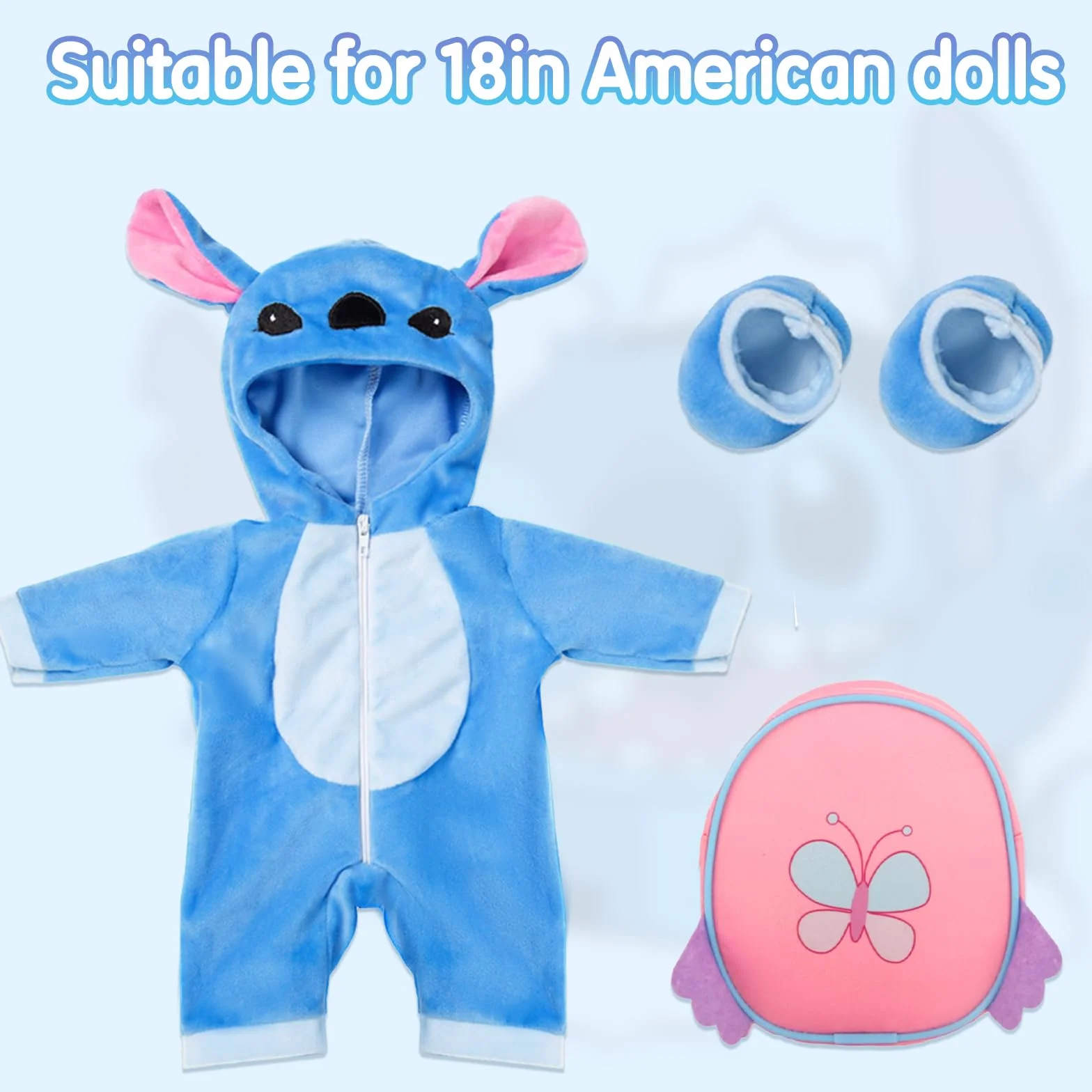 Odzież dla lalek o wymiarach 35-43 cm, w tym skarpetki i plecak, niebieskie stroje, niebieskie ubrania dla lalki New Doll 14-18 cali, prezenty dla chłopców i dziewczynek