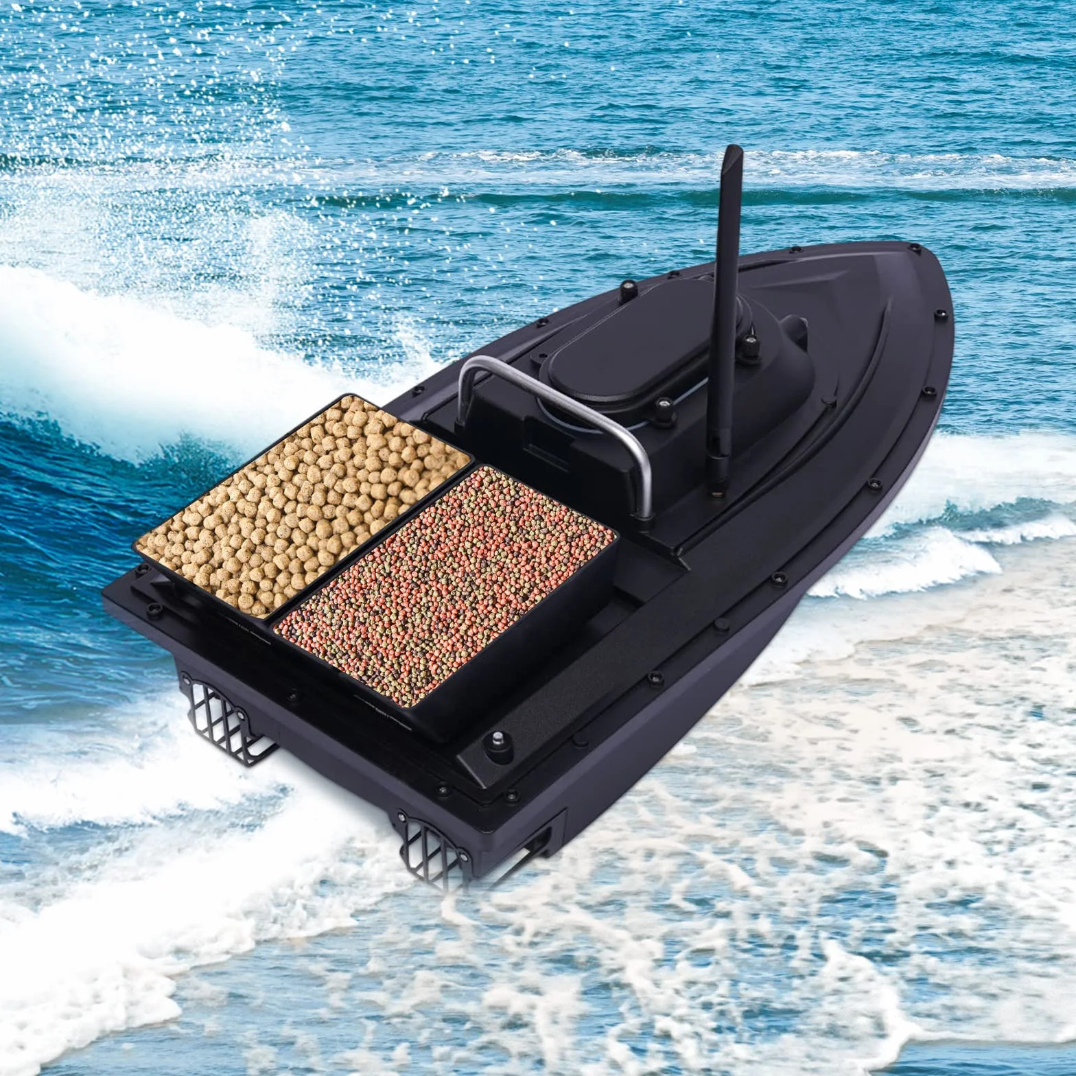 Łódź karmowa Rc łódź przynęta wędkarska, z pilotem zdalnego sterowania, czarna 7,4 V, 5200 mAh
