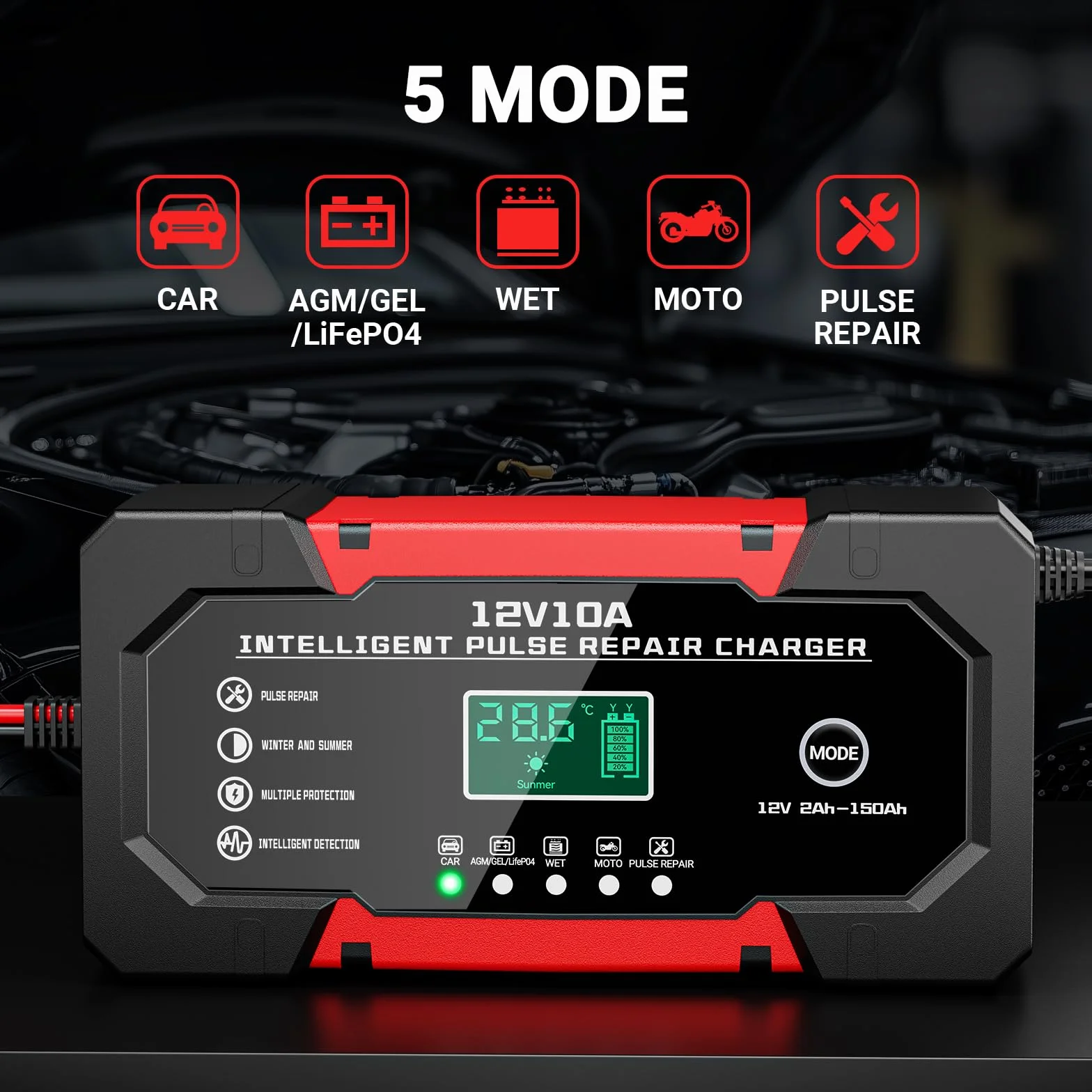 YDBAO Ładowarka Akumulatorów Samochodowych 10A 12V LiFePO4 Inteligentna z 5 Trybami Naprawy i Ekranem LCD