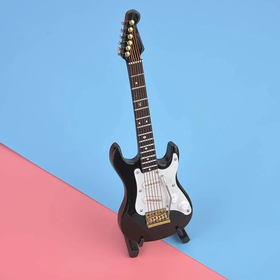 5,5 W gitara elektryczna miniatura drewno mini gitara model wyświetlacz instrument muzyczny miniatura domku dla lalek model dekoracja (czarna)