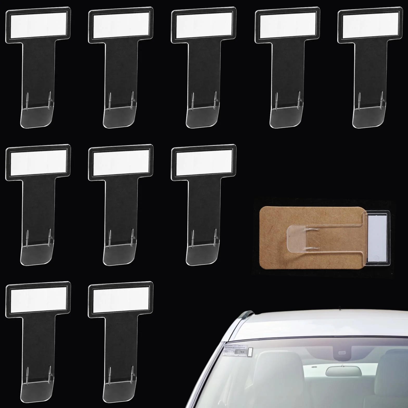 TIESOME 10 sztuk klipsów do mocowania biletów parkingowych, przezroczyste uchwyty na bilety na przednią szybę, samoprzylepny klips do samochodów, przyczep kempingowych, ciężarówek