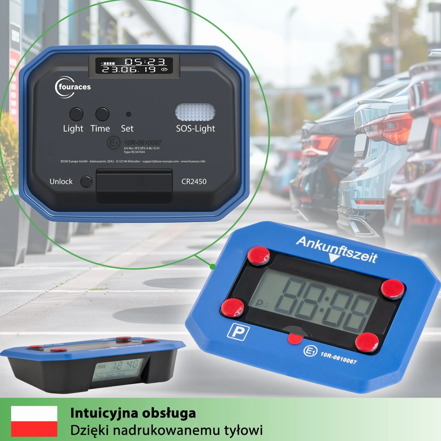 Fouraces elektroniczny czujnik parkowania z wymienną baterią automatyczny czas letni/zimowy niebieski