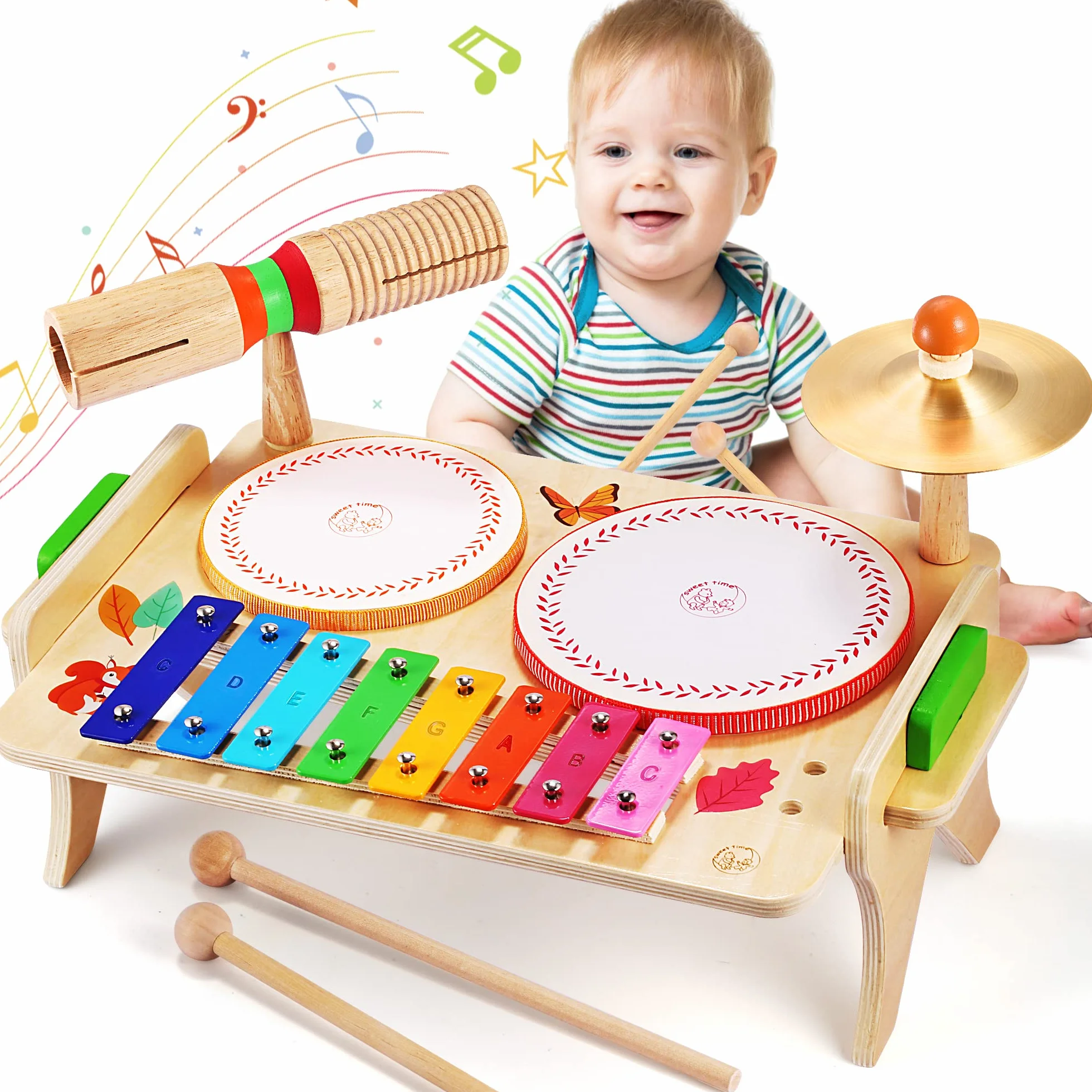 Sweet Time Bęben dla Niemowląt - Instrument Muzyczny, Zestaw Perkusyjny dla Dzieci, Drewniany Stół Muzyczny, Zabawki Montessori dla Chłopców i Dziewcząt