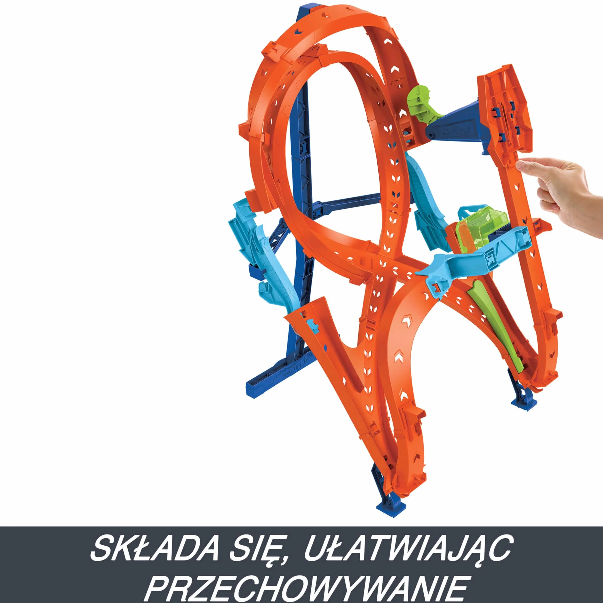 Hot Wheels Pionowy tor Ósemka Zestaw z 1 pojazdem Hot Wheels i torem w kształcie ósemki do wyścigów i popisów kaskaderskich, łączy się z innymi zestawami, łatwe przechowywanie dzięki składaniu, HMB15