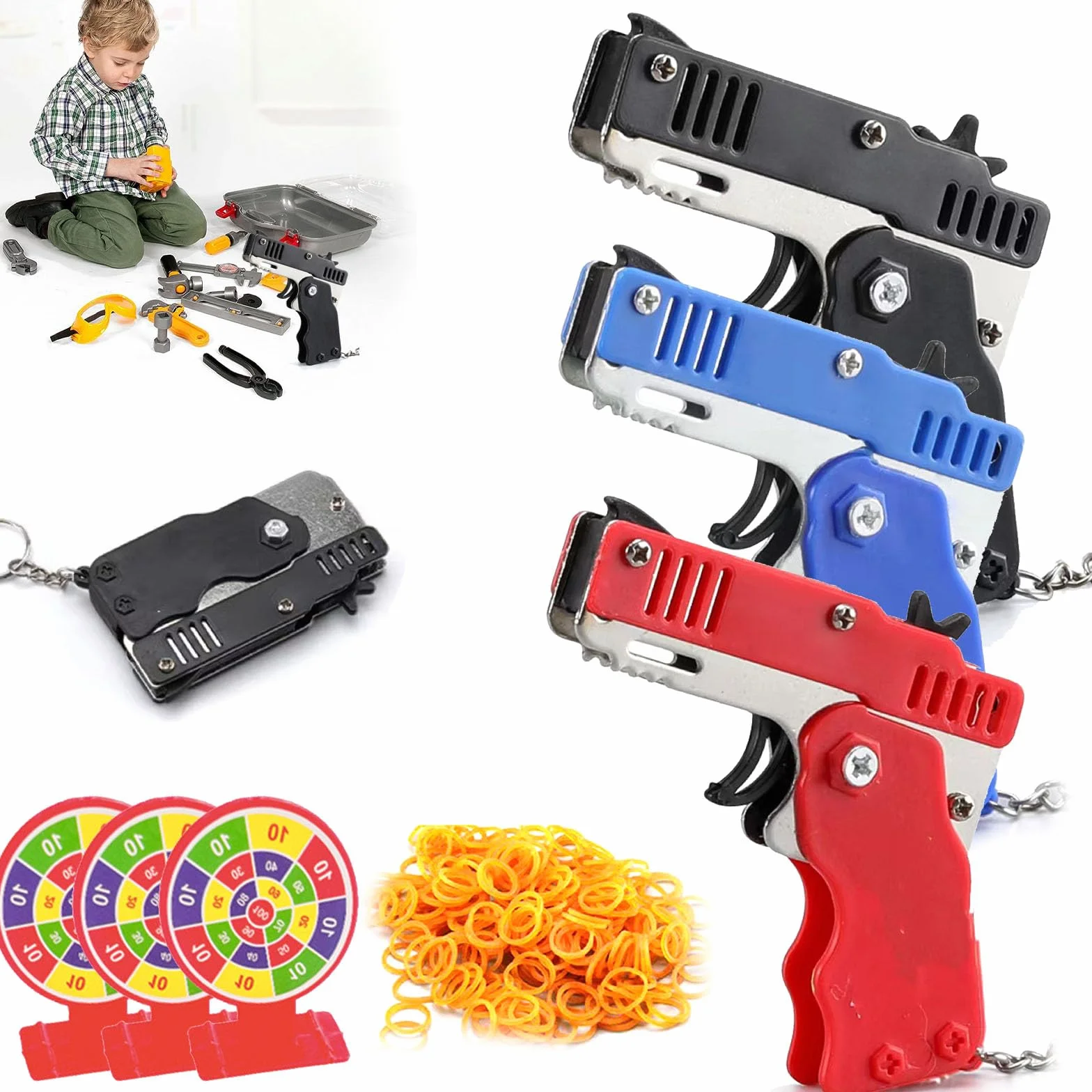 Mini pistolet gumowy z metalu, zabawka dla dzieci, zabawka, składany, ręcznie wykonany pistolet do zabawek, składany gumowy pistolet, zabawka + gumowa taśma (3, czarny, niebieski, czerwony)
