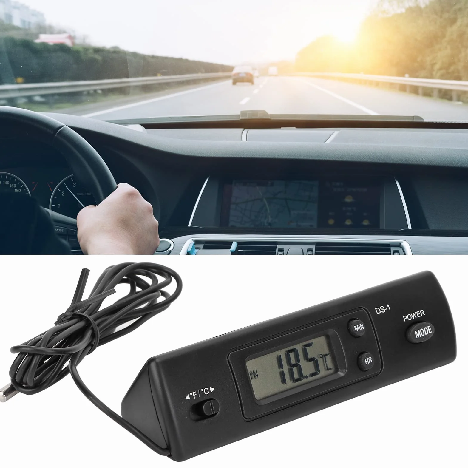 Termometr Samochodowy, Elektroniczny Zegar Samochodowy Podwójna Sonda Temperatura Wewnętrzna i Zewnętrzna Zegar Cyfrowy Wielofunkcyjny Wysoka Dokładność dla Pojazdu
