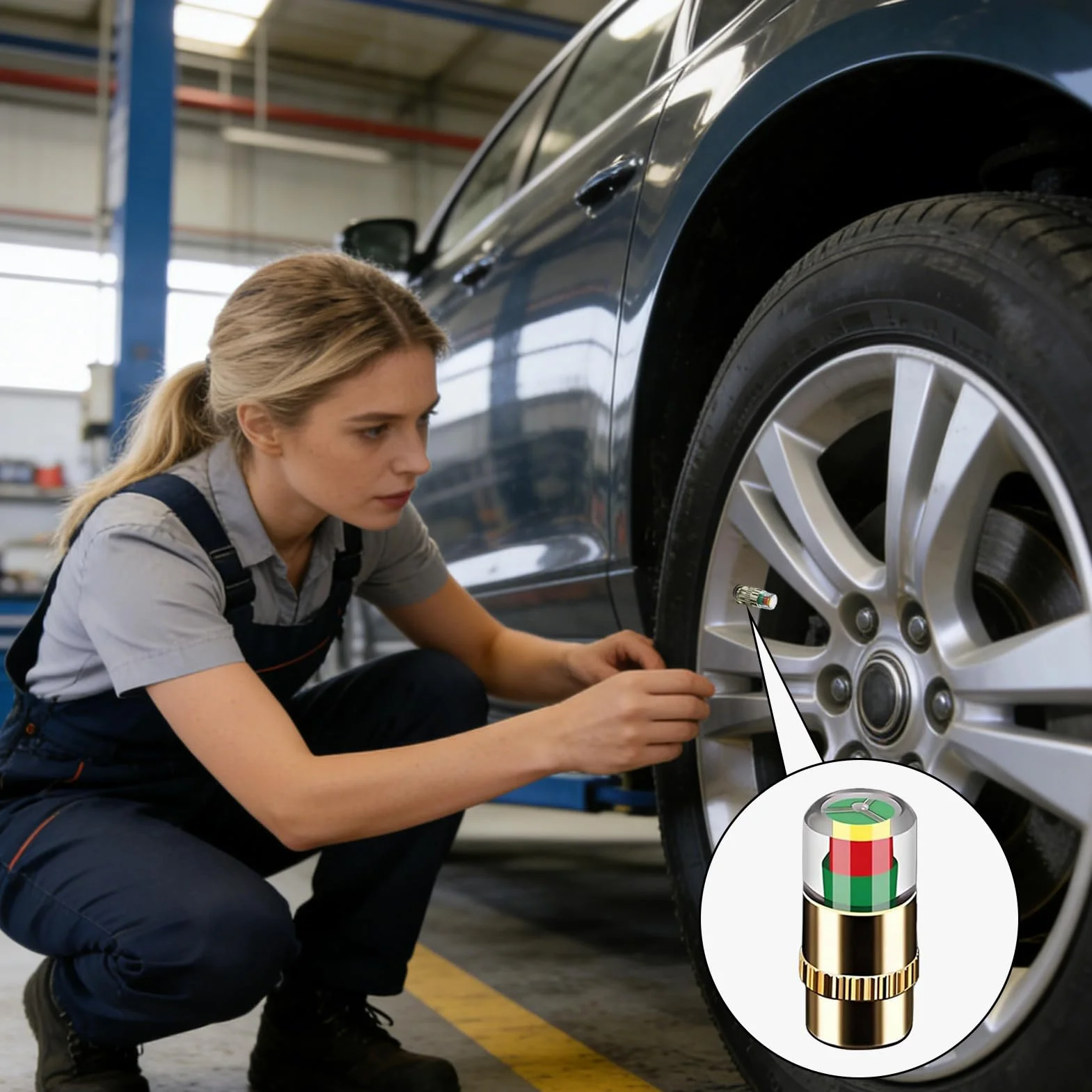 Tire Pressure Valve Caps 2.4bar 36PSI Visual Sensor Indicators ABS Metal Stem Covers 4 Pack