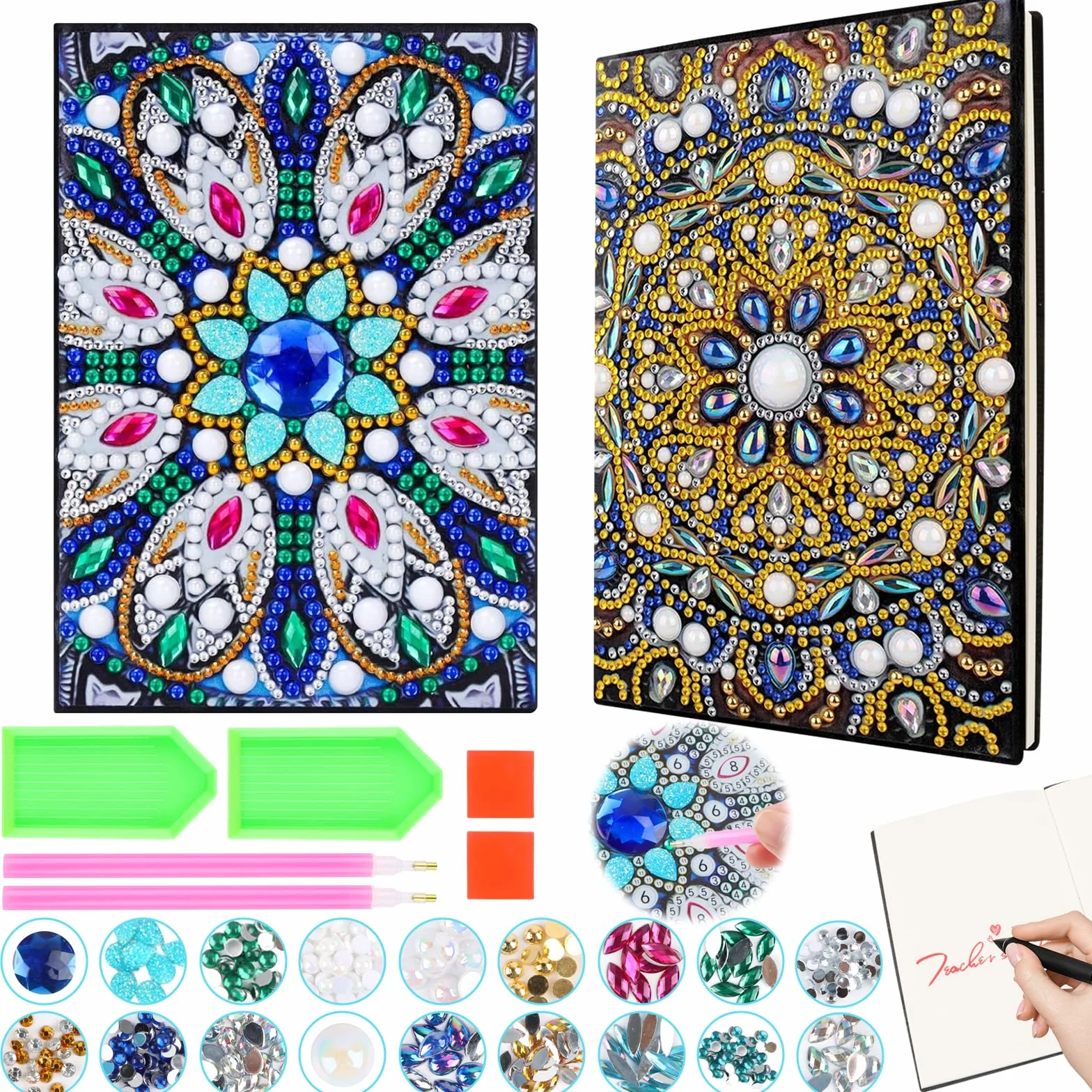 Fonyet 2 sztuki notatników do malowania diamentami, mandala, A5, dla dzieci w wieku od 6, 7, 8, 9, 10 lat, 5D "zrób to sam", zestaw do majsterkowania, prezent dla dziewczynki w wieku 10 lat