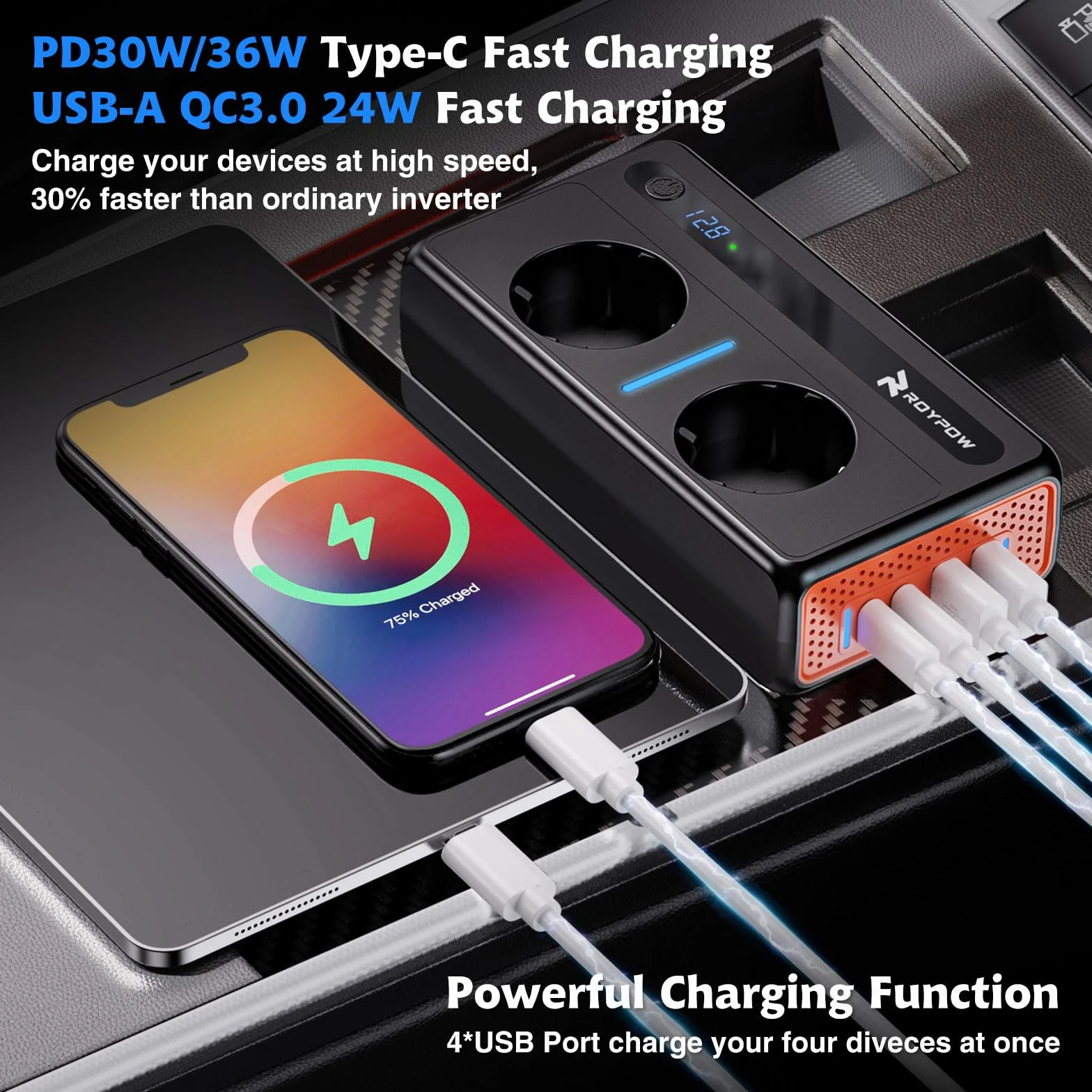 RoyPow Przetwornica napięcia DC na AC, 200 W, 12 V do 230 V, z 2 gniazdami i 4 portami USB, szybkie ładowanie, ładowarka samochodowa z wtyczką do zapalniczki samochodowej