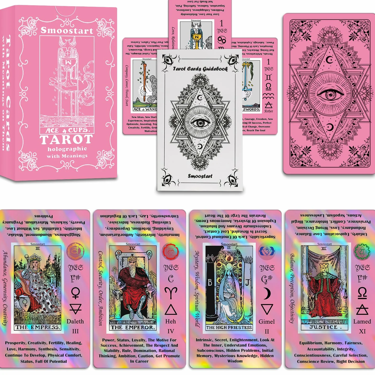 Smoostart Różowa holograficzna talia tarota dla początkujących z przewodnikami, słowami kluczowymi, elementami, planetami, znakami zodiaku, czakrami, tak lub nie, numerologią, literami hebrajskimi