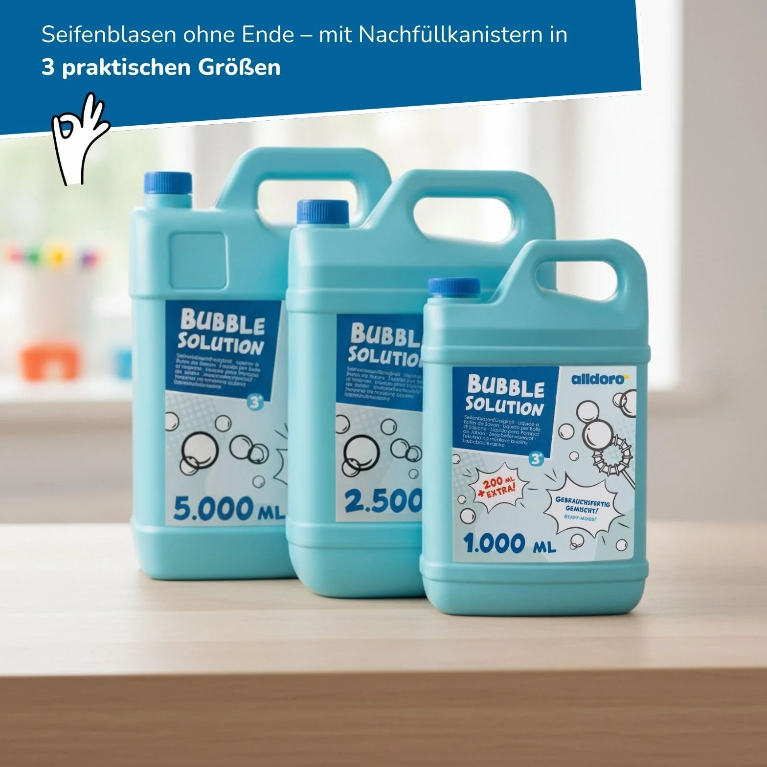 alldoro 60657 Bubble Fun Płyn do baniek mydlanych w kanistrze o pojemności 2500 ml, 2,5 litra XXL, kanister do uzupełniania kolorowych i dużych baniek mydlanych, dla dzieci, dorosłych, na imprezy i