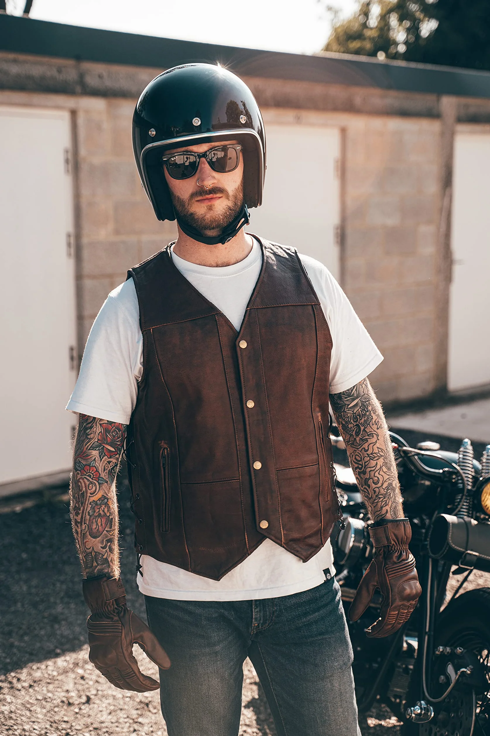 Texpeed Skórzana kamizelka motocyklowa kowbojska z koronkami Brązowy L