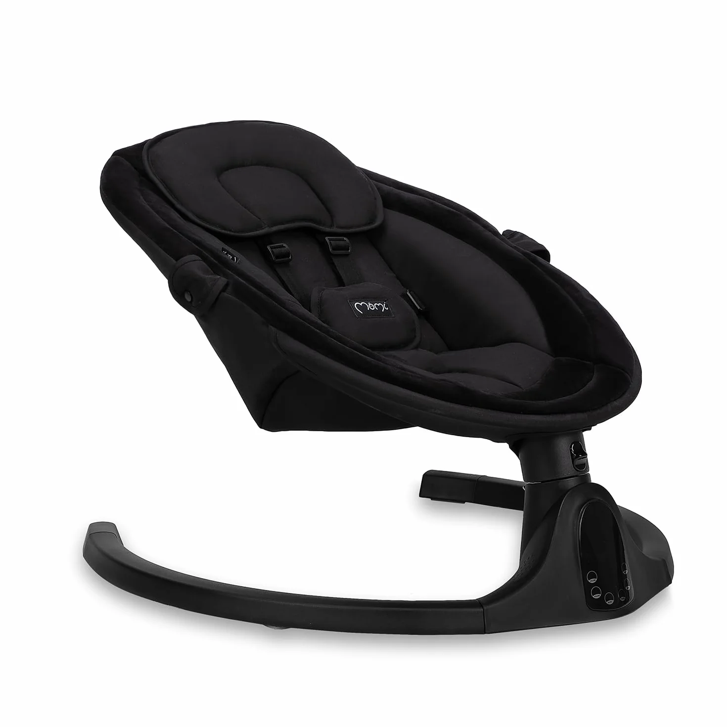 MOMI KENANI ONYX huśtawka do 9 kg, wyświetlacz LED, pilot zdalnego sterowania, Bluetooth do smartfonów, zasilanie bateryjne/sieciowe, 5-punktowe szelki bezpieczeństwa, łuk i zabawki