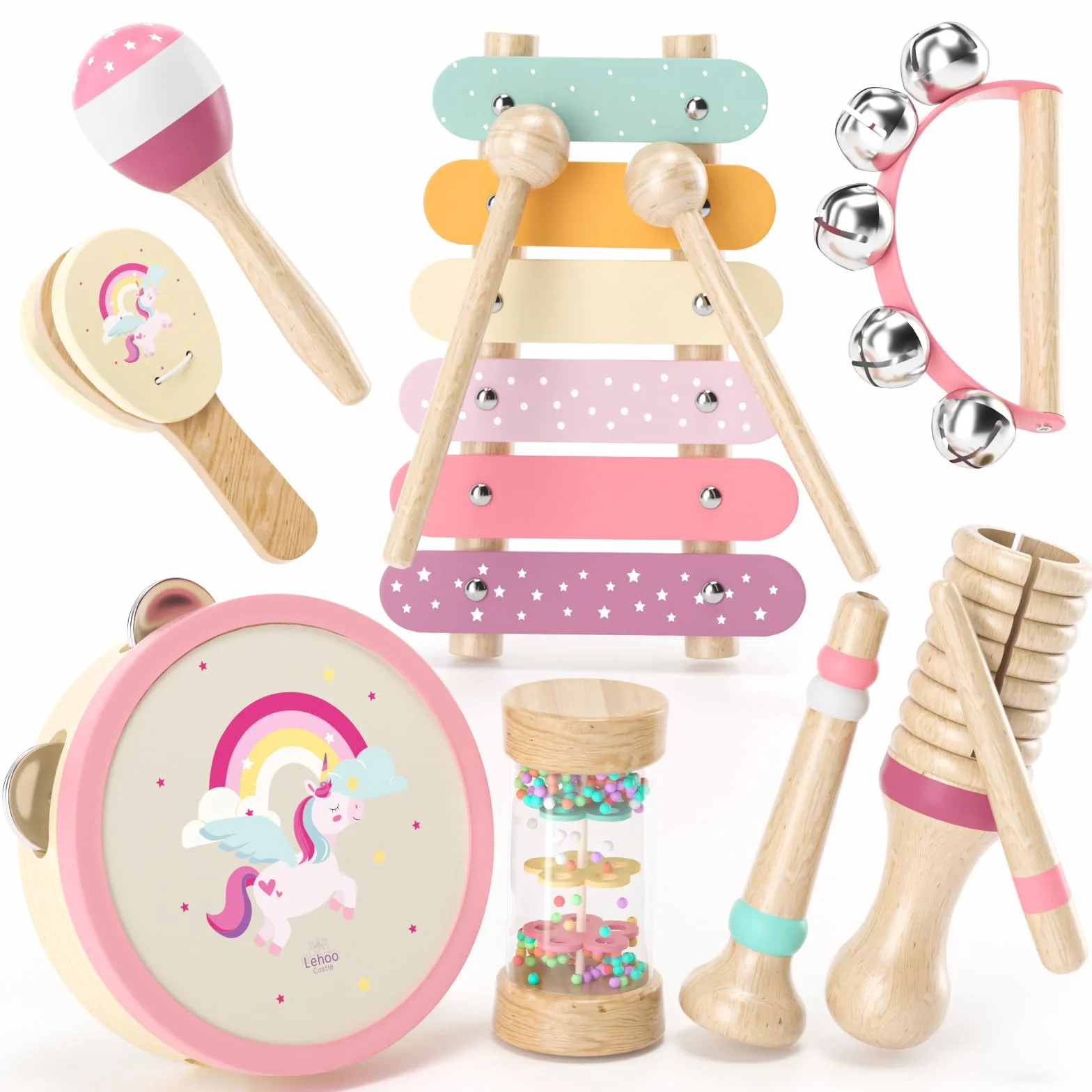 Lehoo Castle Drewniane instrumenty muzyczne dla dzieci, zabawki muzyczne Montessori dla dzieci w wieku 1-3 lat, marakasy ksylofon tamburyn, zestaw instrumentów perkusyjnych, 18 m +