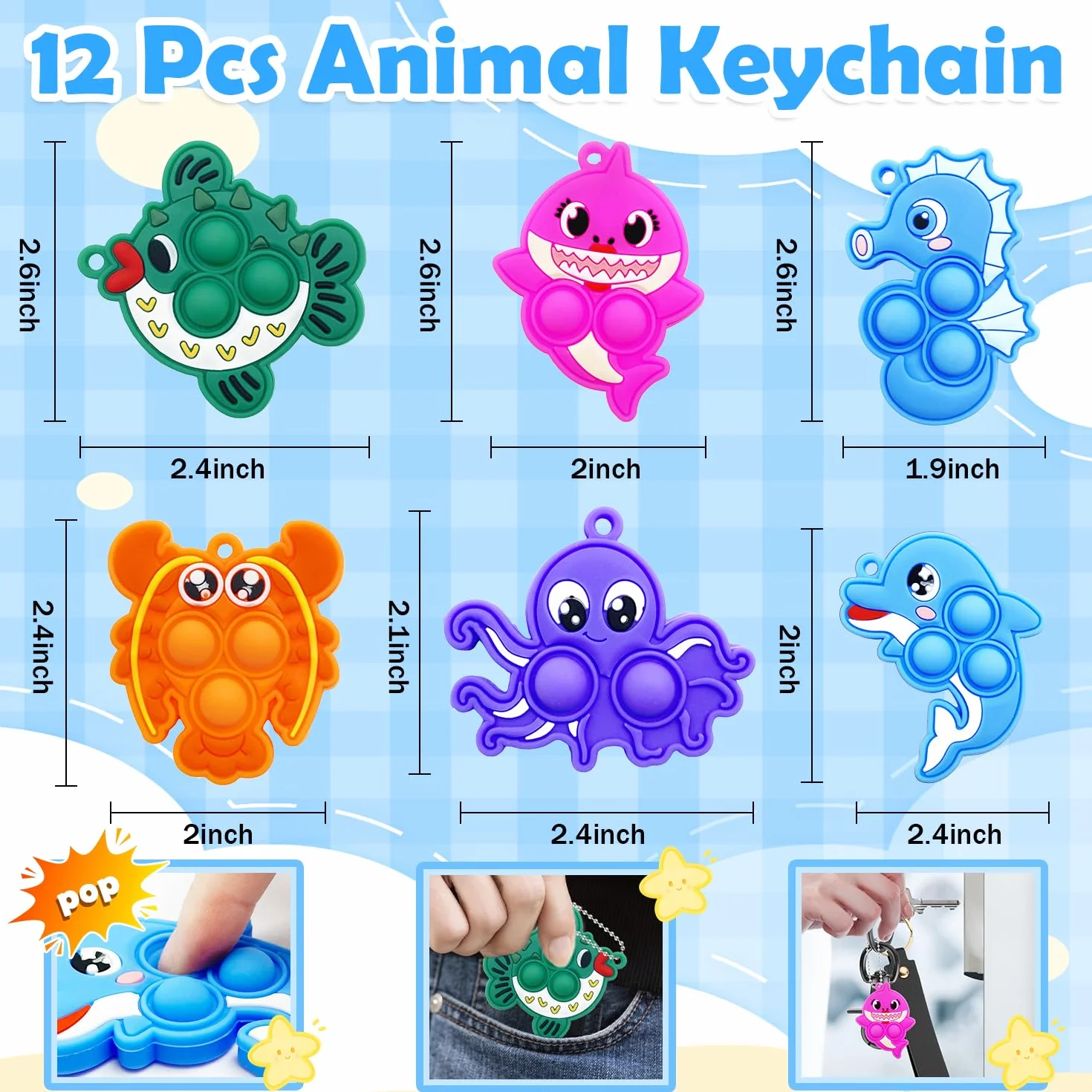 Yeefunjoy 12 sztuk breloczków Pop Keyring It Fidget Toy, breloczki z motywem zwierząt morskich Pop Keychain Bubble Stress Relief dla dzieci, dodatki do torebek z upominkami dla dzieci i dorosłych