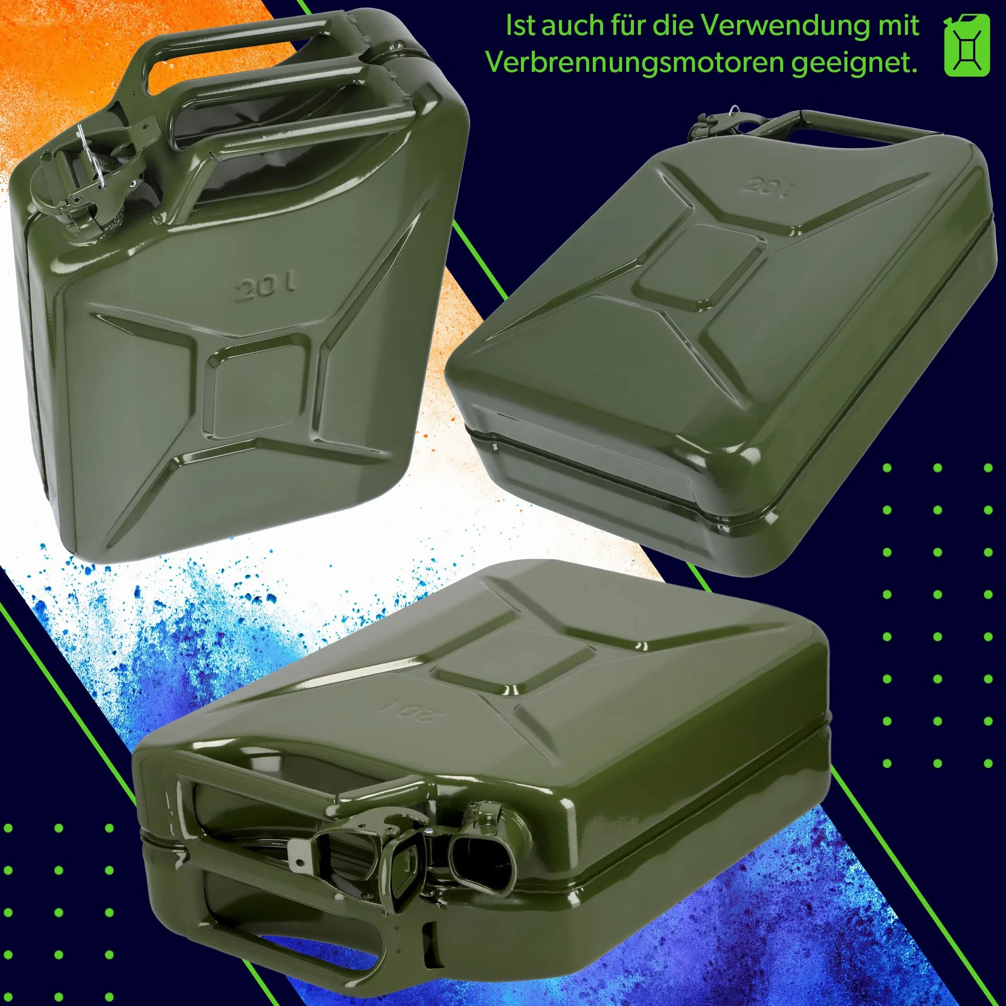 KADAX Kanister na paliwo 20 l, stal 0,8 mm, potrójny uchwyt, zielony