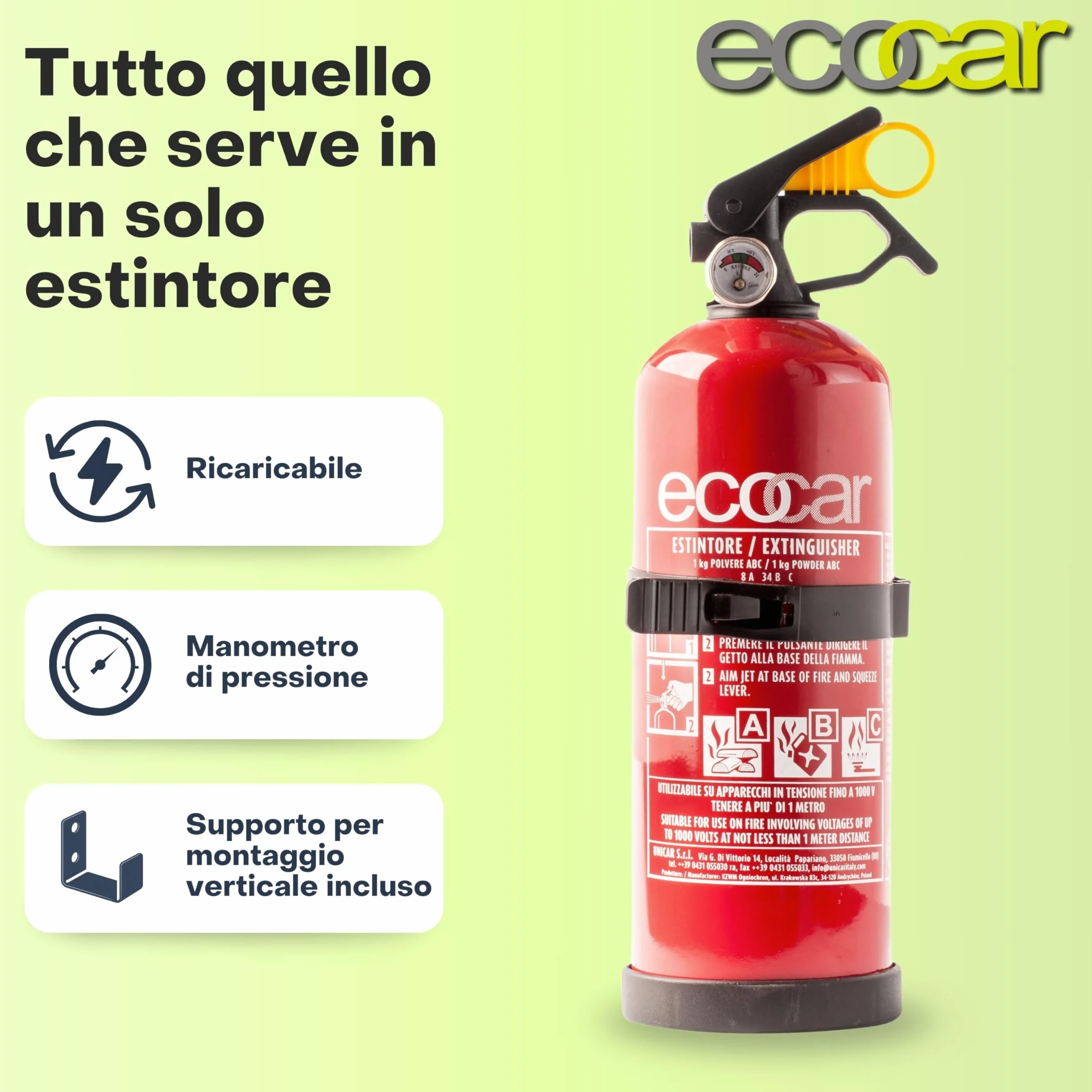 ecocar Gaśnica proszkowa 1 kg z certyfikatem EN3 do samochodu, domu i kampera, z manometrem i uchwytem