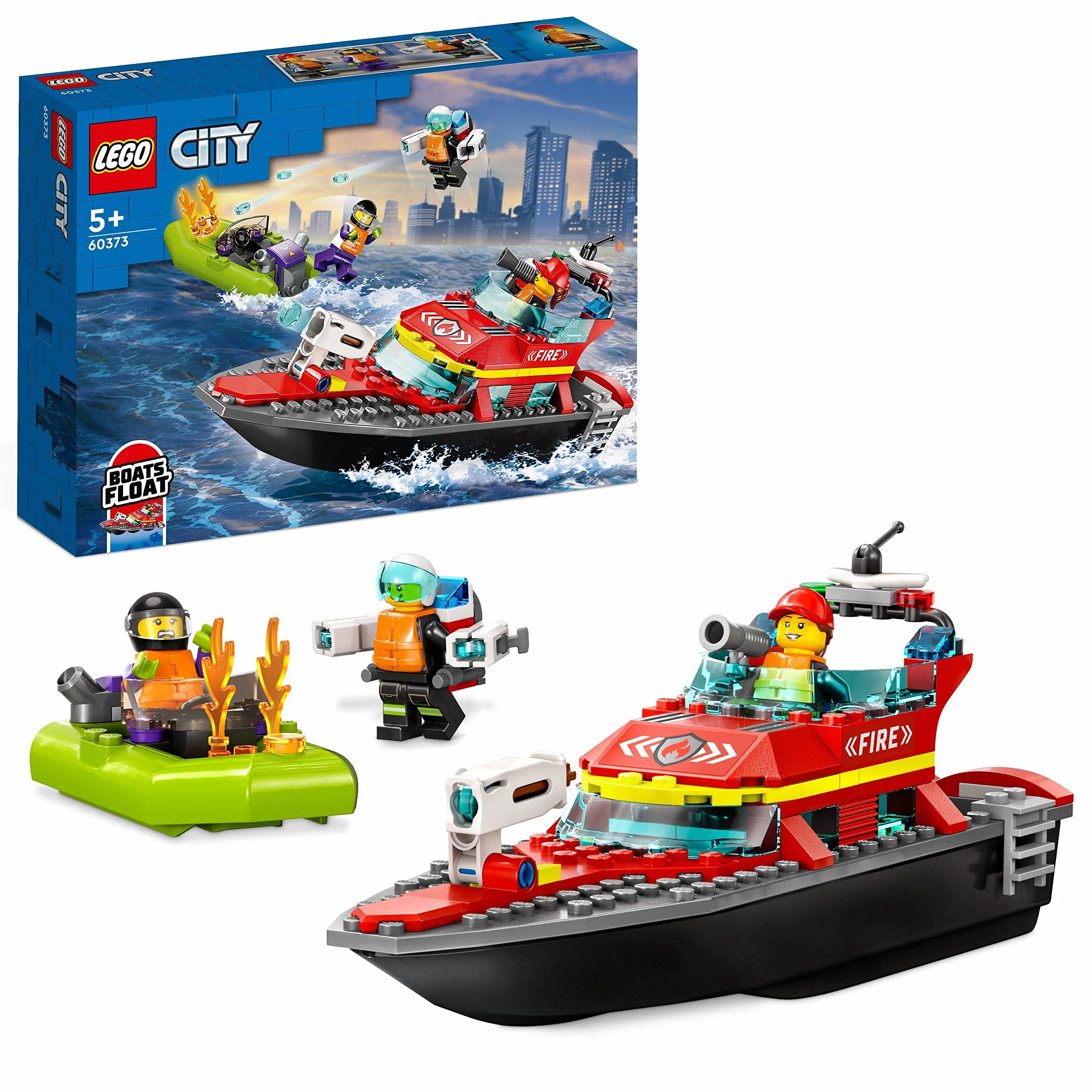 LEGO 60373 City Łódź strażacka, Unosi się na Wodzie, Plecak Odrzutowy, Motorówka, 3 Minifigurki, Zabawki dla dzieci od 5 lat, pomysł na prezent