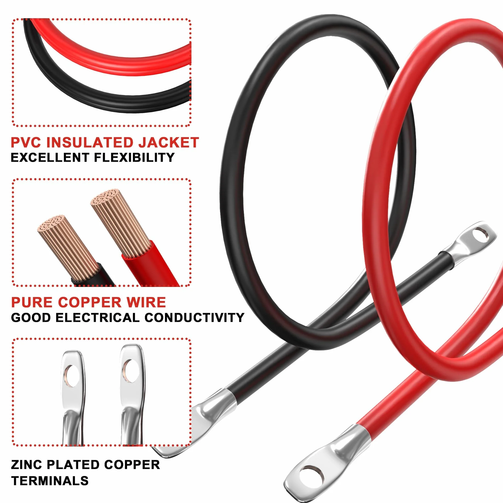 Kabel miedziany, 2 sztuki, 5 AWG kabel do akumulatora z czystej miedzi, kabel do akumulatora samochodowego, miedziany kabel zasilający, do samochodów osobowych, kamperów, łodzi