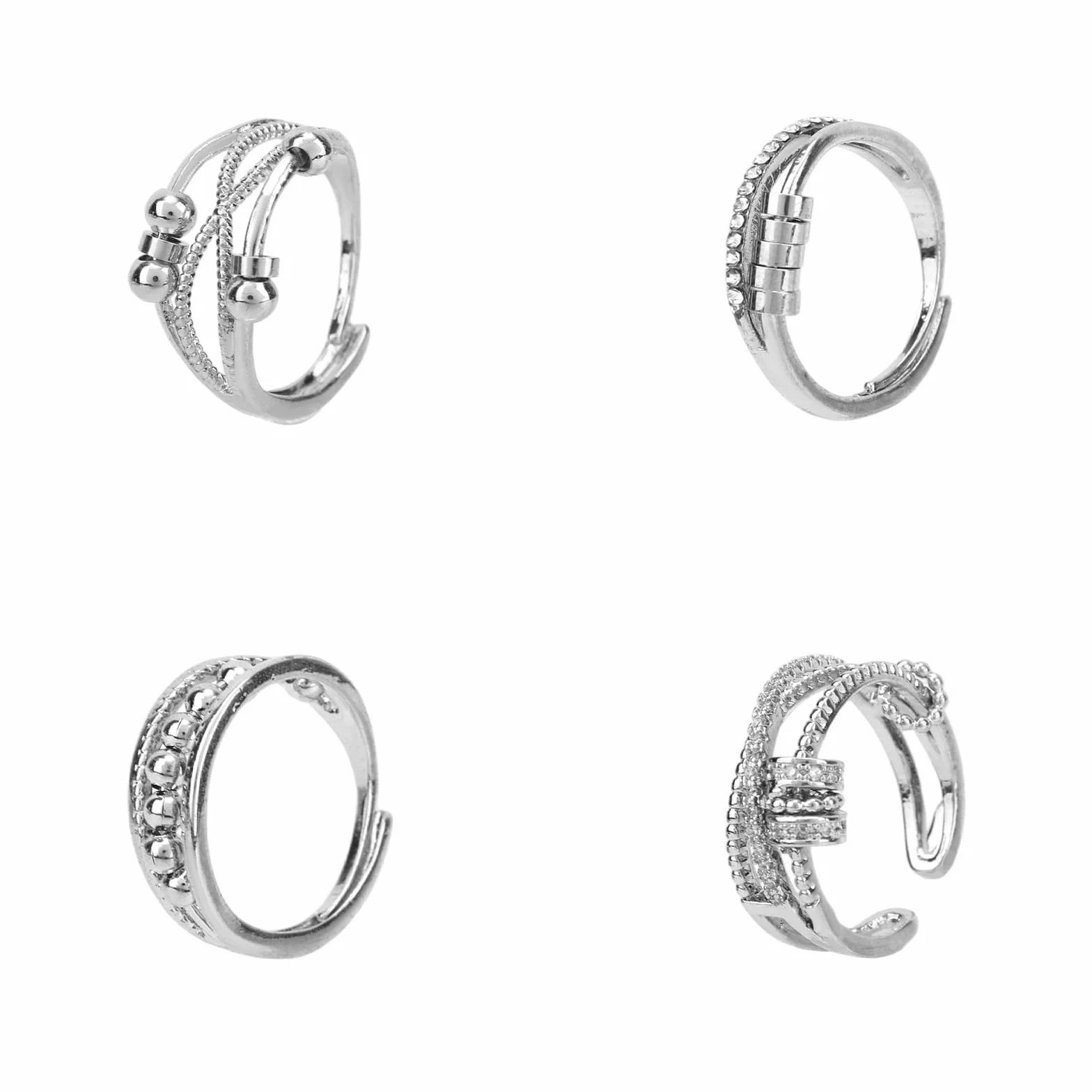 4szt Pierścieni Fidget Rings dla Kobiet, Regulowane Obrotowe Pierścienie Spinner Uspokajająca Biżuteria Sensoryczna Prezent i Dekoracja do Domu Biura Podróży (Srebrne)