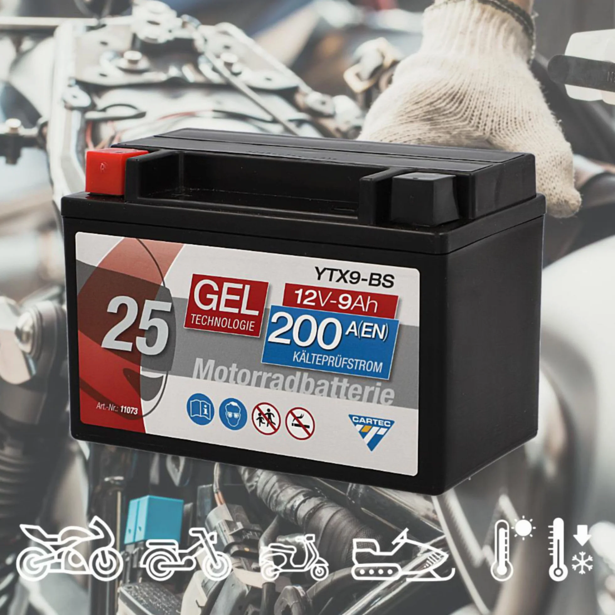 CARTEC Akumulator motocyklowy YTX9-BS, 8 Ah, 135 A, technologia żelowa, jakość OEM, odporny na cykl, możliwość przechowywania, nie wymaga konserwacji
