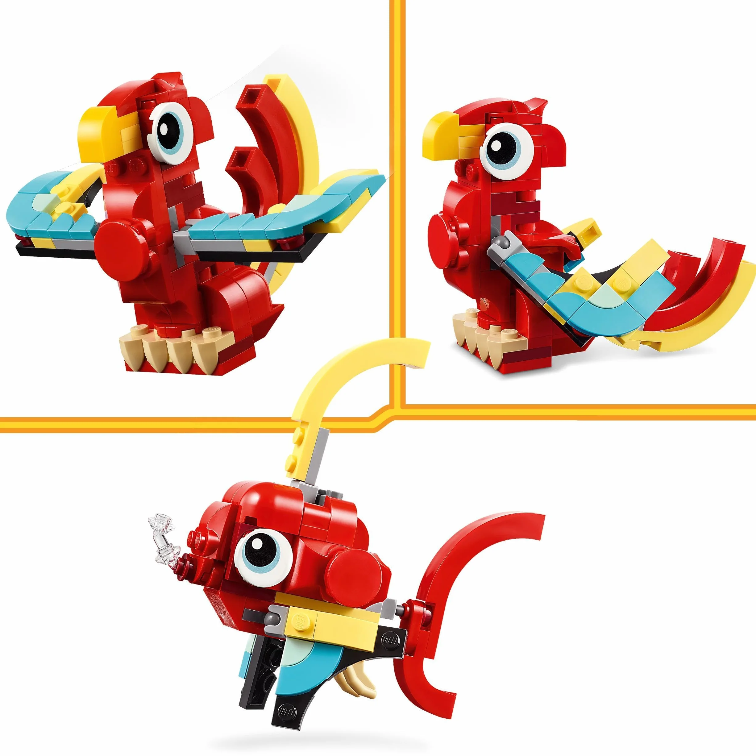 LEGO Creator 3in1 Red Dragon Toy to Fish Figure to Phoenix Bird Model, Animal Figures Set, Gifts for 6 Plus Year Old Boys, Girls and Kids 31145