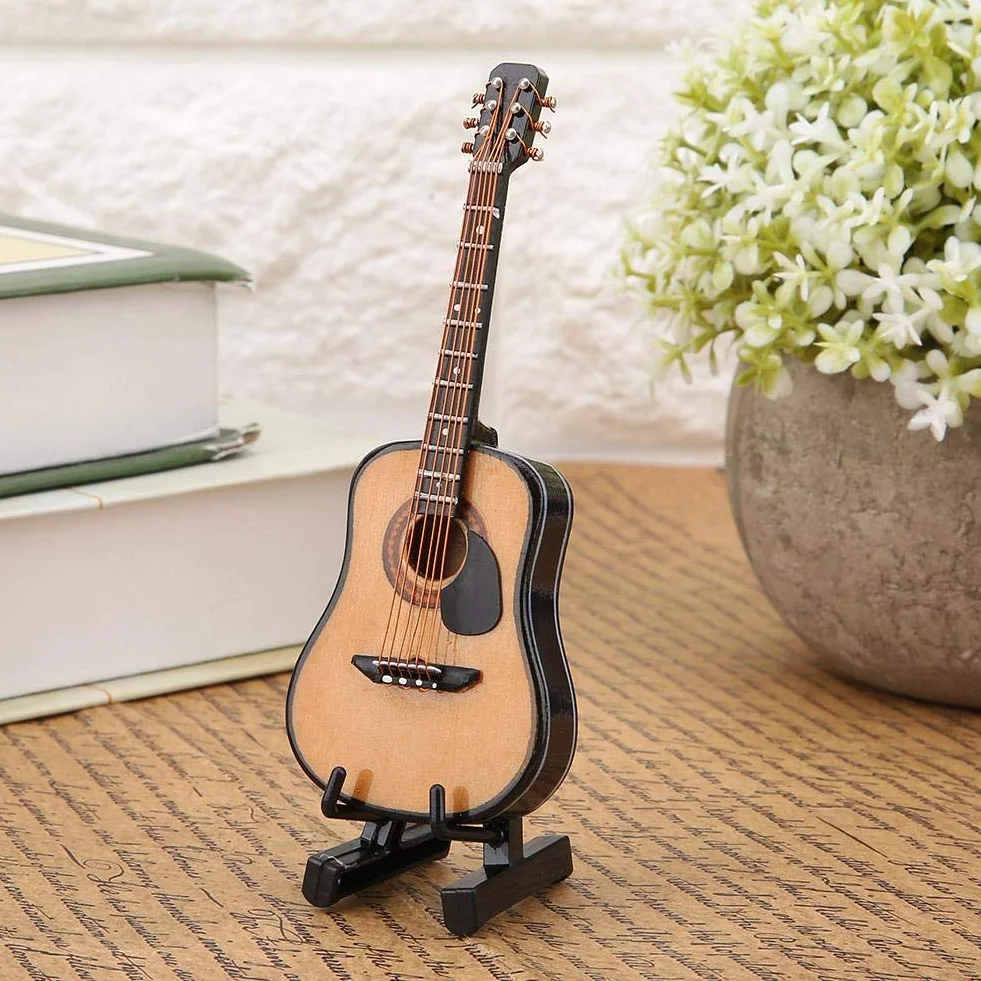 HEEPDD Miniaturowy model gitary, drewniana ozdoba gitarowa ze stojakiem do dekoracji domowego biura świąteczne prezenty urodzinowe 10 cm dla miłośników muzyki kolekcjonerzy gitar entuzjaści dekoracji