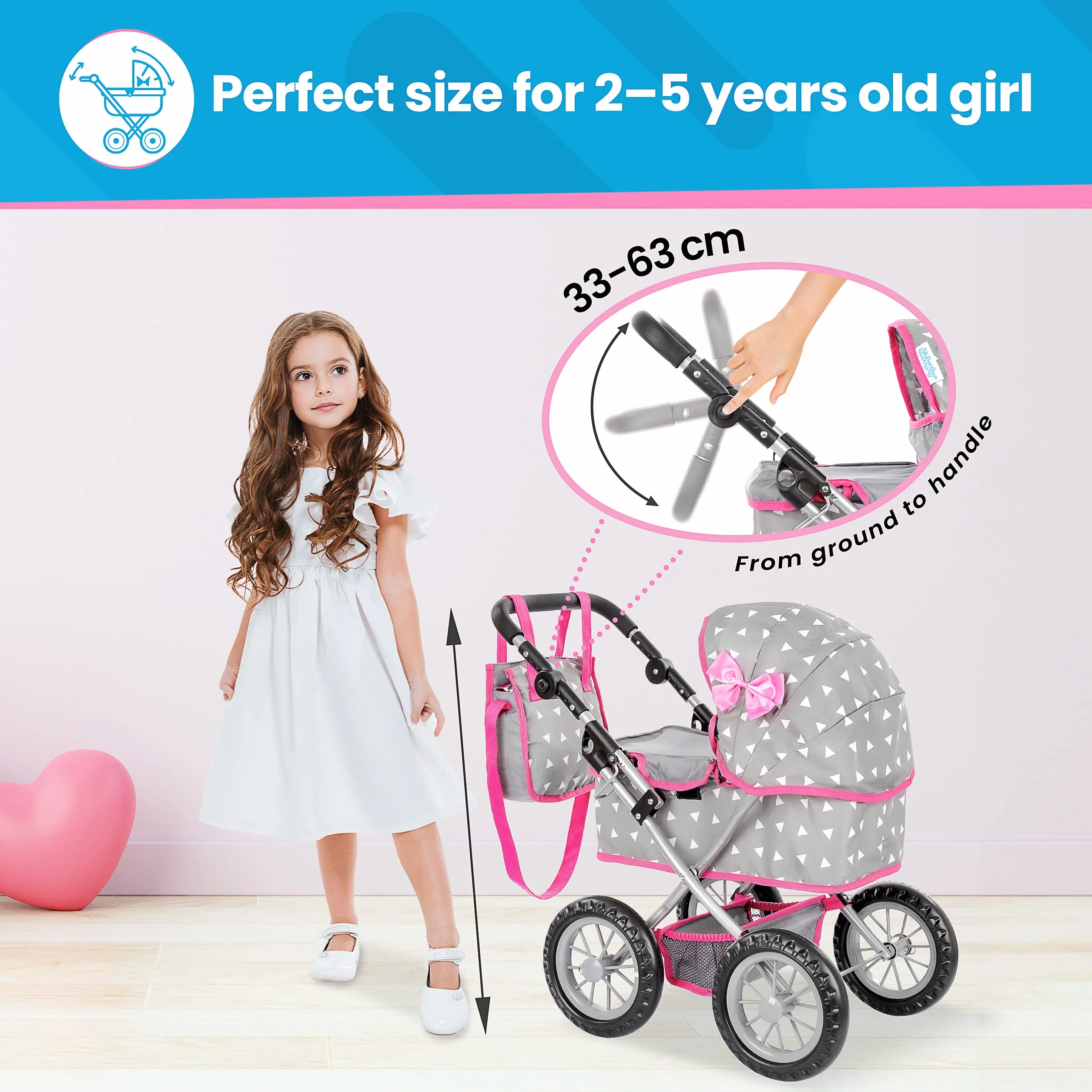 Kinderplay wózek z kokardą głęboki dla lalki KP0261S
