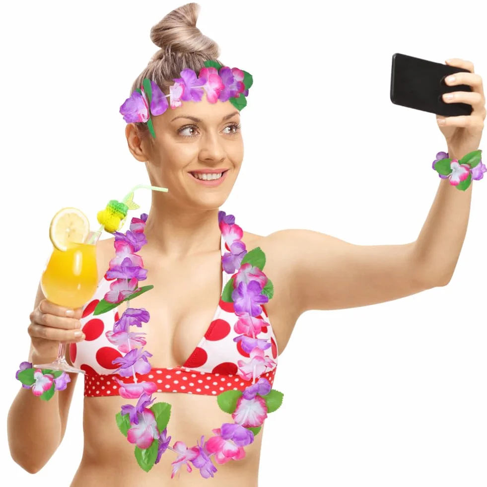 Aomig Hawajskie girlandy hawajskie, zestaw Leis, hawajska tropikalna plaża, fantazyjne przebrania, dekoracje imprezowe, naszyjnik z kwiatami, opaski na głowę i bransoletki dla dorosłych, dzieci, na