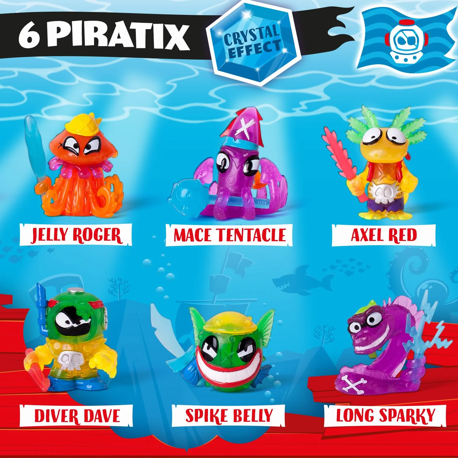PIRATIX Seria Shark Treasure One Pack 24szt.– Pudełko zawiera 24 saszetki z kolekcjonerskimi figurkami piratów z serii Shark Treasure. Każda saszetka zawiera 1 figurkę Piratix i 1 akcesorium.