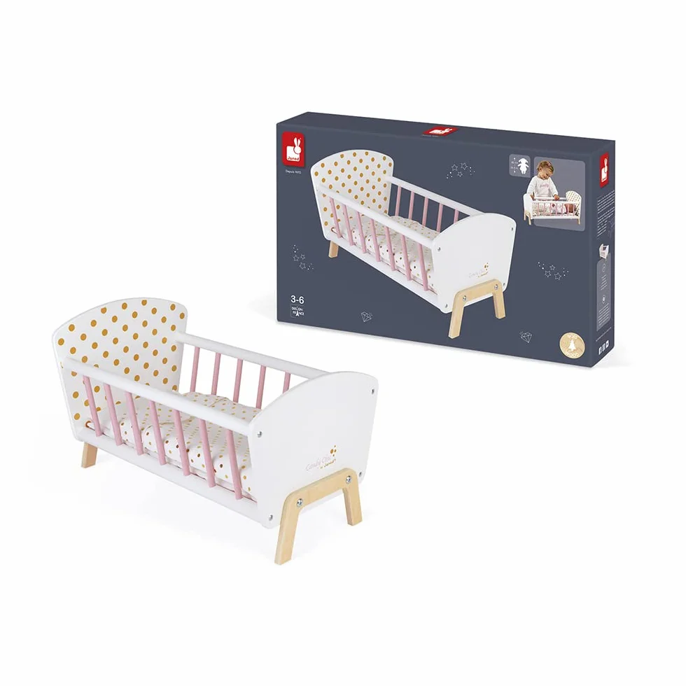 Janod - Candy Chic Bed - Wooden Baby Doll’S Bed with Mattress + Blanket + Pillow - Soft Shiny Colours - Accessories for Babies - from 3 Years Old, J05889