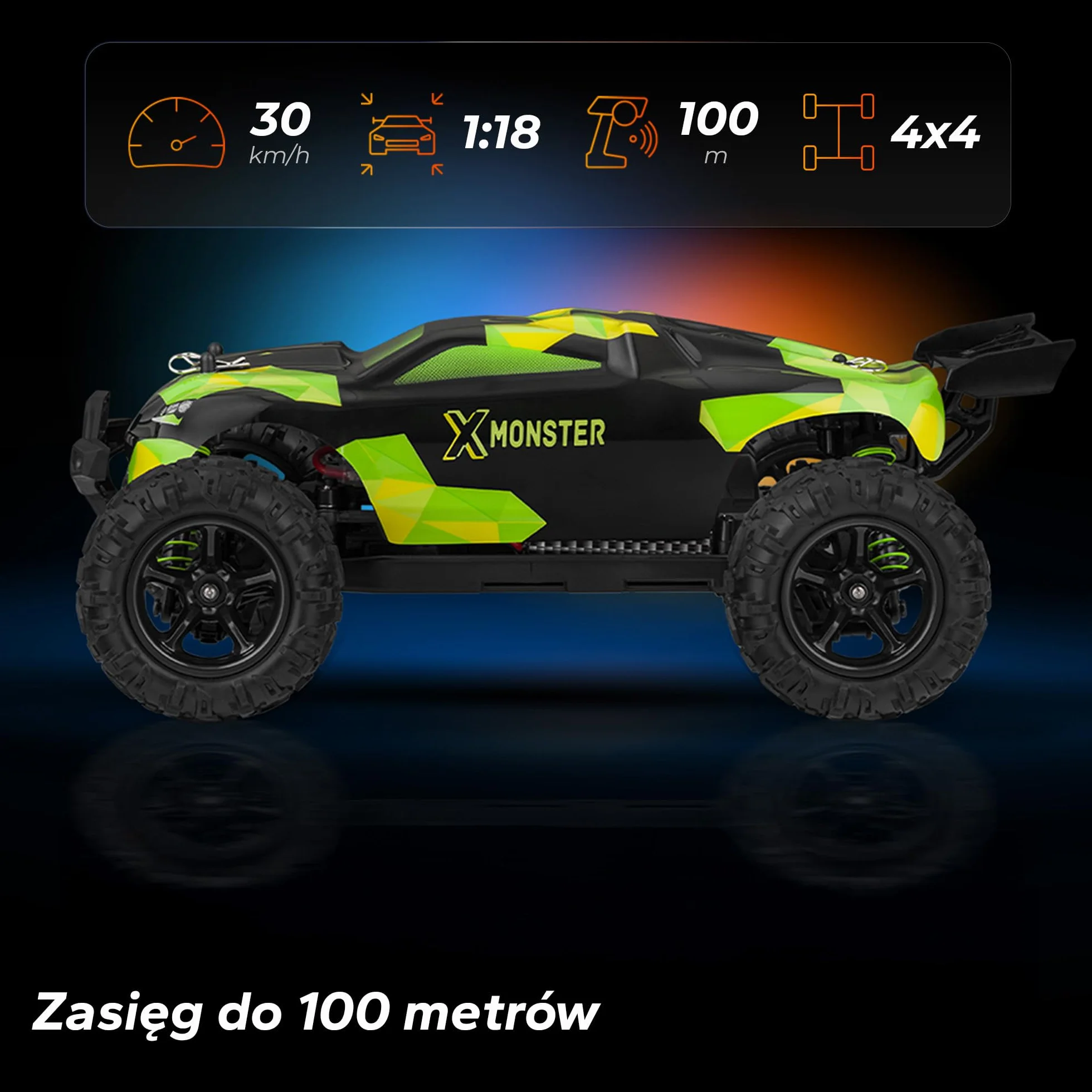 Overmax X-Monster Truck Zdalnie Sterowany Samochód RC 30 km/h 1:18, Zasięg do 100 m, Napęd 4x4, Amortyzatory Pilot, Jazda bez Ładowania 40 min, 2 Baterie 850 mAh dla Dzieci 14 +