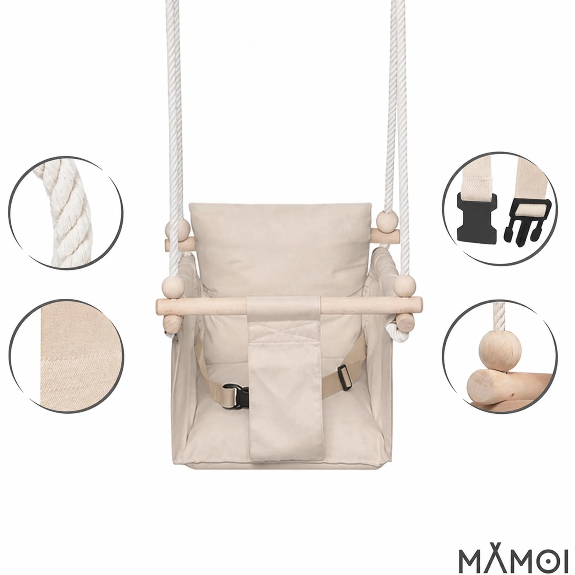 MAMOI® Drewniana huśtawka dla dzieci + PAS BEZPIECZEŃSTWA | Regulacja wysokości 190-260cm | Huśtawka do domu Huśtawka dziecięca | Wewnętrzna huśtawka dla dzieci | CE | 100% ECO | Wyprodukowano w UE