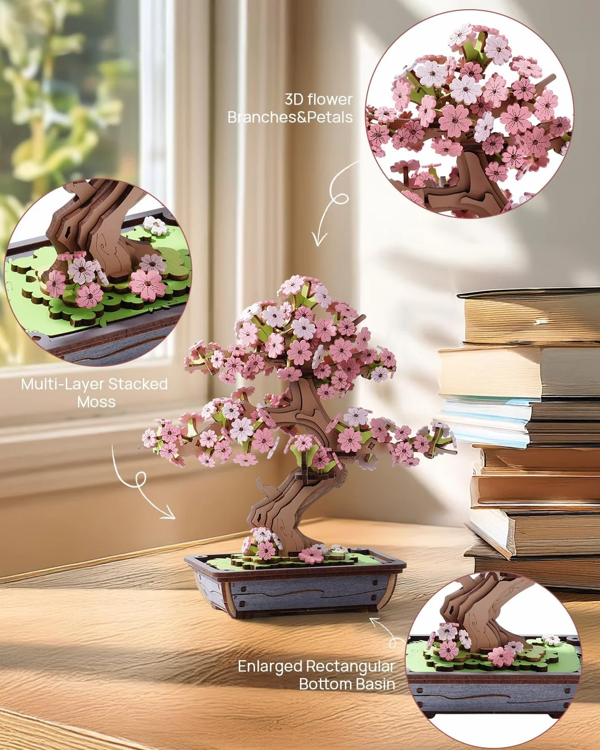 ROWOOD Sakura Bonsai puzzle 3D, drewniane zestawy modeli dla dorosłych do budowania, DIY, klasyczne zestawy konstrukcyjne Sakura, idealne jako dekoracja domu, prezent świąteczny i urodzinowy